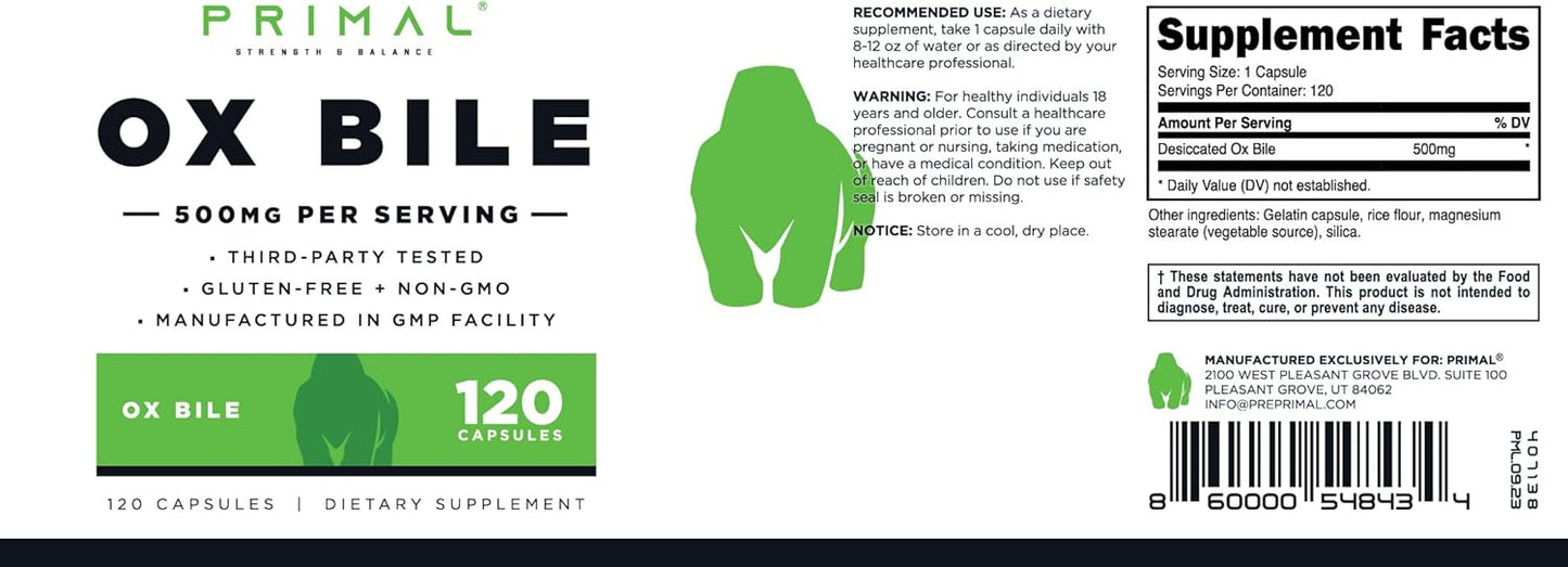 500 MG Primal Ox Bile Capsules - Gluten-Free, Non-GMO, Third-Party Tested (120 Capsules)