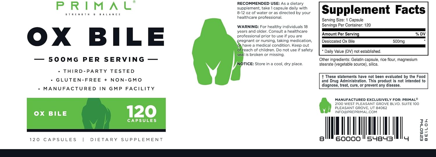 500 MG Primal Ox Bile Capsules - Gluten-Free, Non-GMO, Third-Party Tested (120 Capsules)