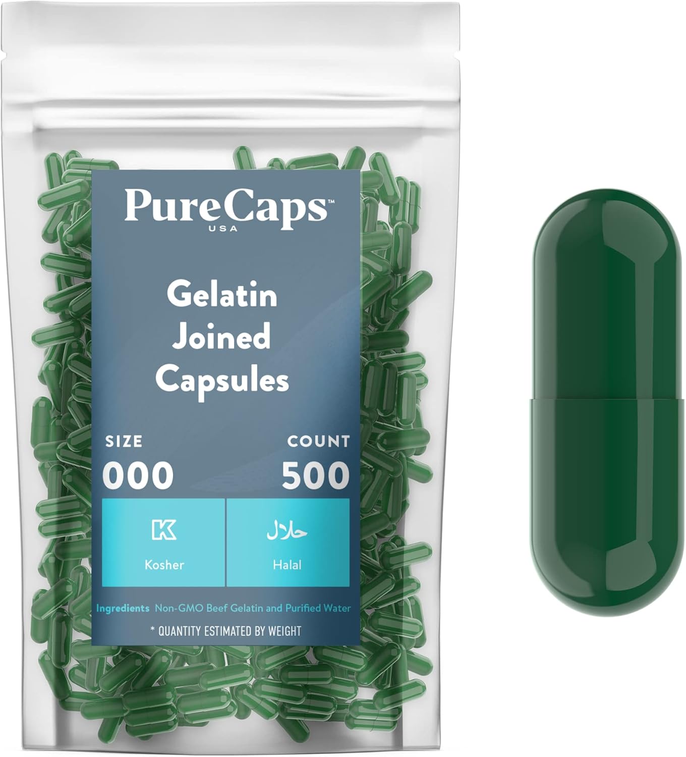 500 Size 000 Empty Green Gelatin Capsules - Fast Dissolving & Digestible - Preservative Free & Natural Ingredients