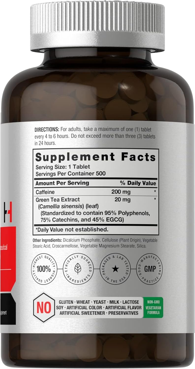 500 Vegetarian Caffeine Pills with Green Tea - 200mg, Non-GMO & Gluten Free