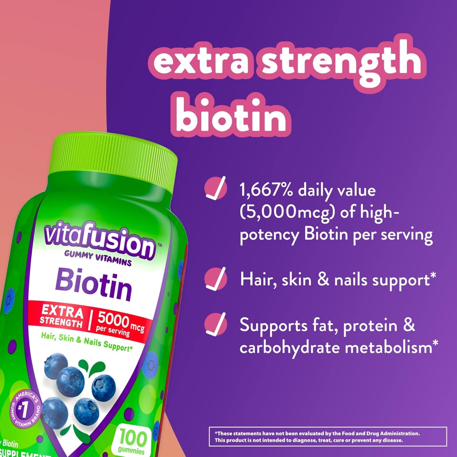 5,000 mcg Extra Strength Biotin Gummy Vitamins for Heart Health - Berry & Lemonade Flavored Omega-3 Gummies