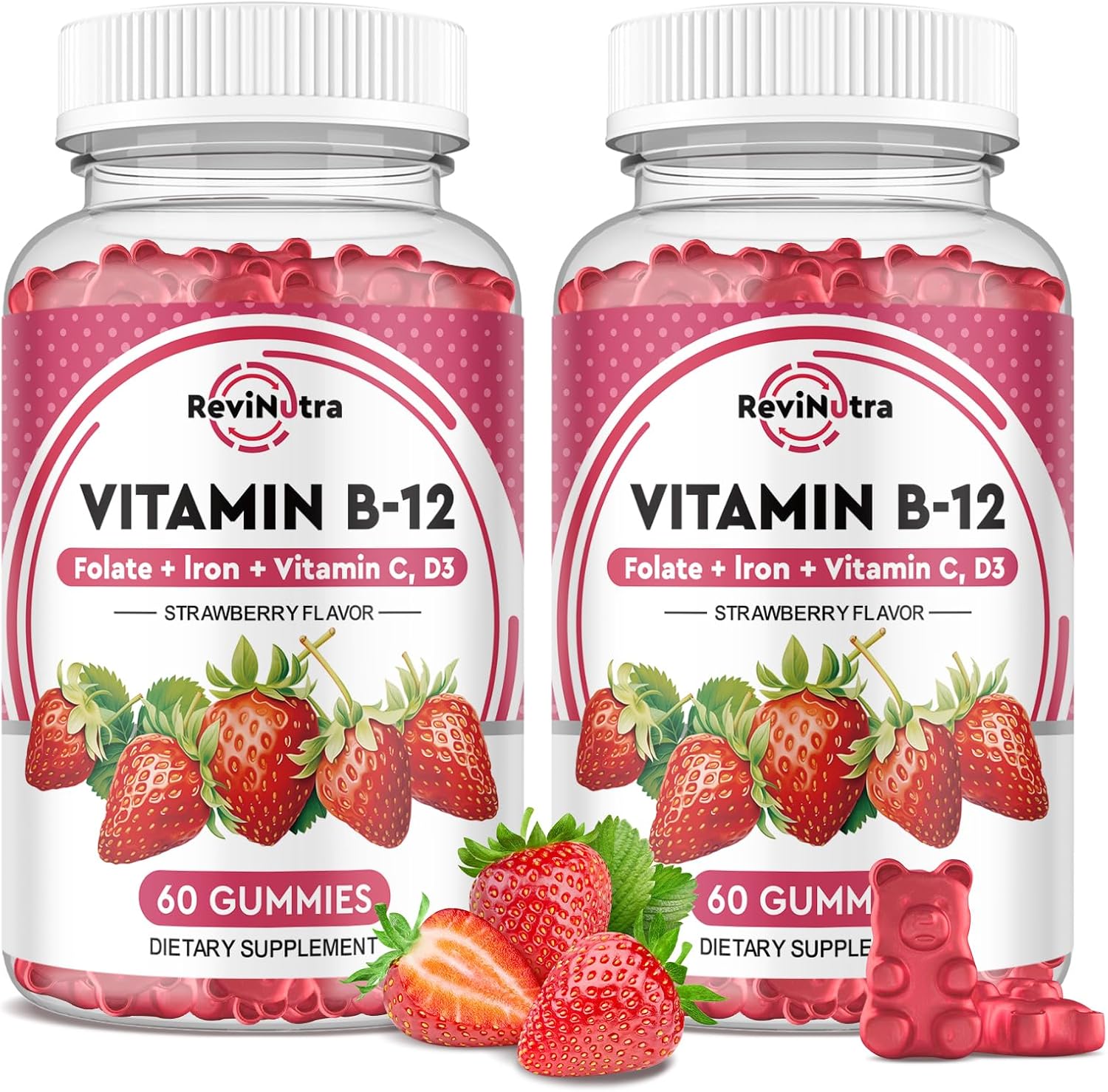5000 mcg Methylcobalamin Vitamin B12 Gummies with Iron, Vitamin C, D3, Folate - Energy & Metabolism Support, Immune Boost - 2 Pack Strawberry Chewables for Men & Women