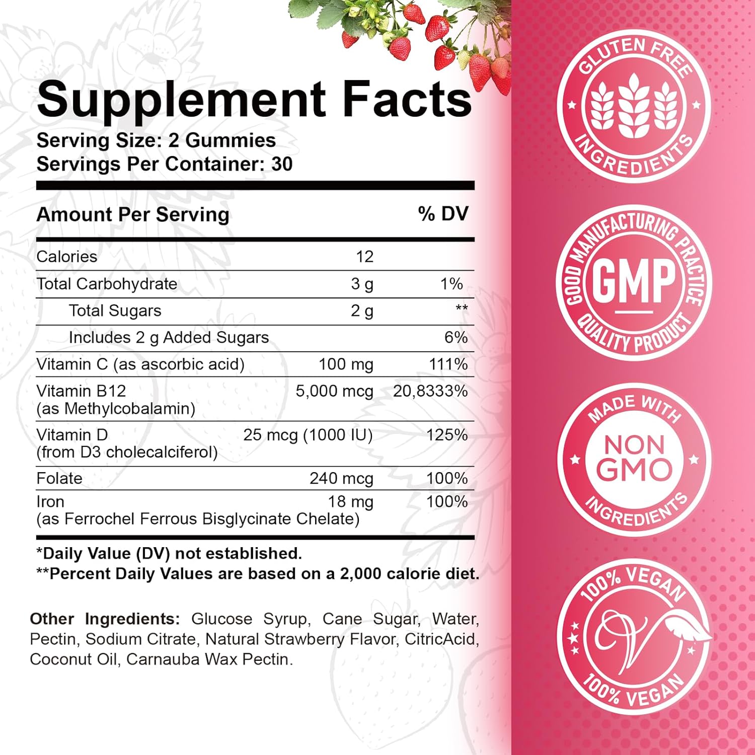 5000 mcg Methylcobalamin Vitamin B12 Gummies with Iron, Vitamin C, D3, Folate - Energy & Metabolism Support, Immune Boost - 2 Pack Strawberry Chewables for Men & Women