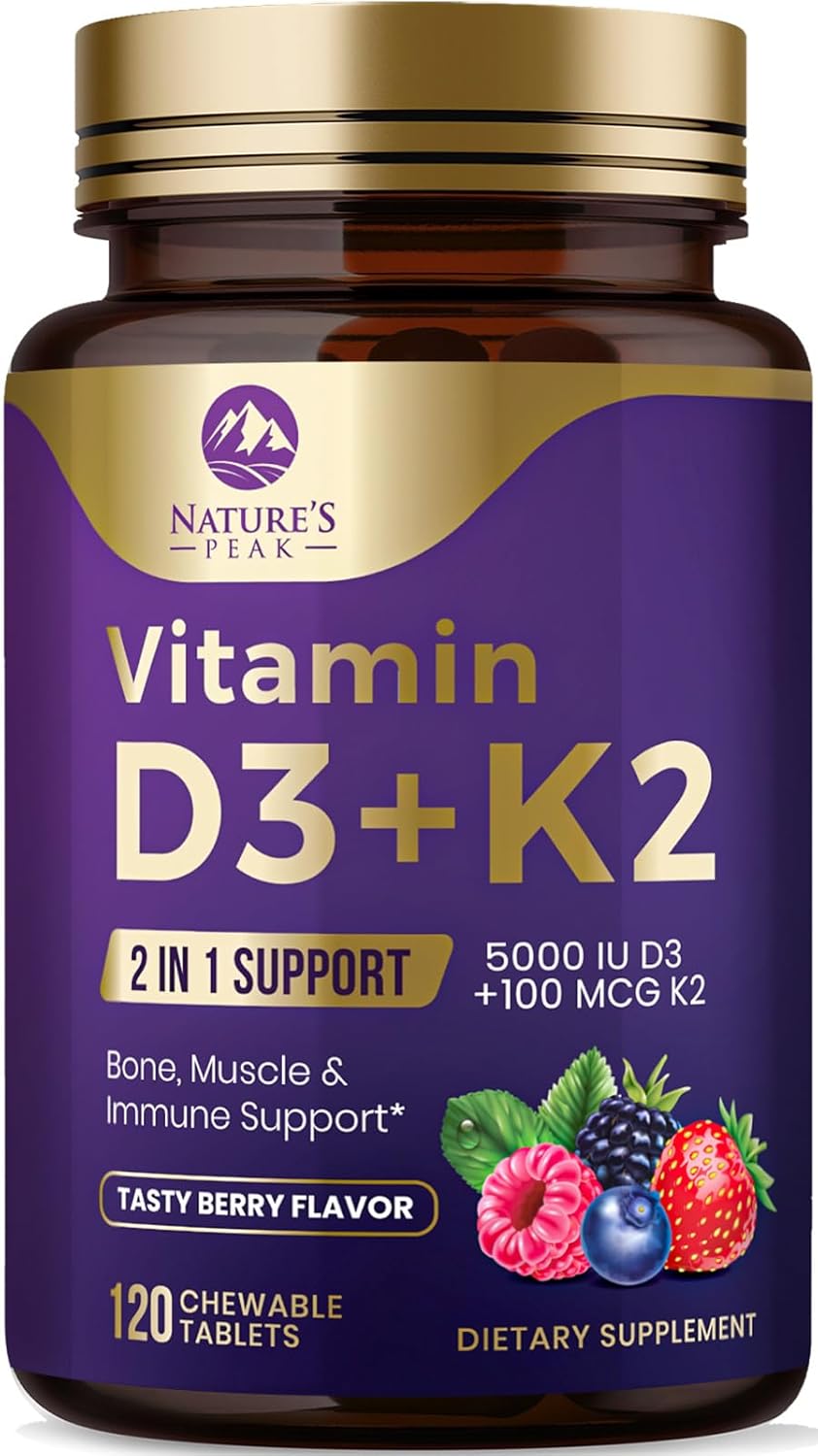5000iu Vitamin D3 K2 Chewable Tablets for Bone, Heart, & Immune Health - 100 mcg MK-7 K2 - Supports Calcium Absorption - Gluten Free & Non-GMO - 120 Servings