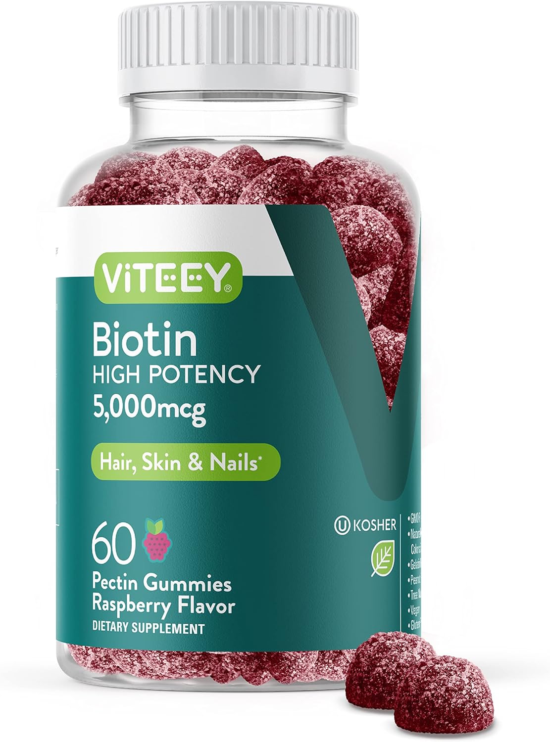 5,000mcg Biotin Gummies for Hair, Skin, Nails - Hair Growth, Healthy Skin & Nails - Vegan, Gluten-Free, GMO-Free - Raspberry Flavor