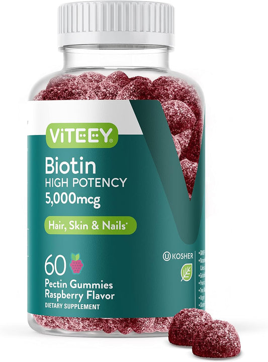 5,000mcg Biotin Gummies for Hair, Skin, Nails - Hair Growth, Healthy Skin & Nails - Vegan, Gluten-Free, GMO-Free - Raspberry Flavor