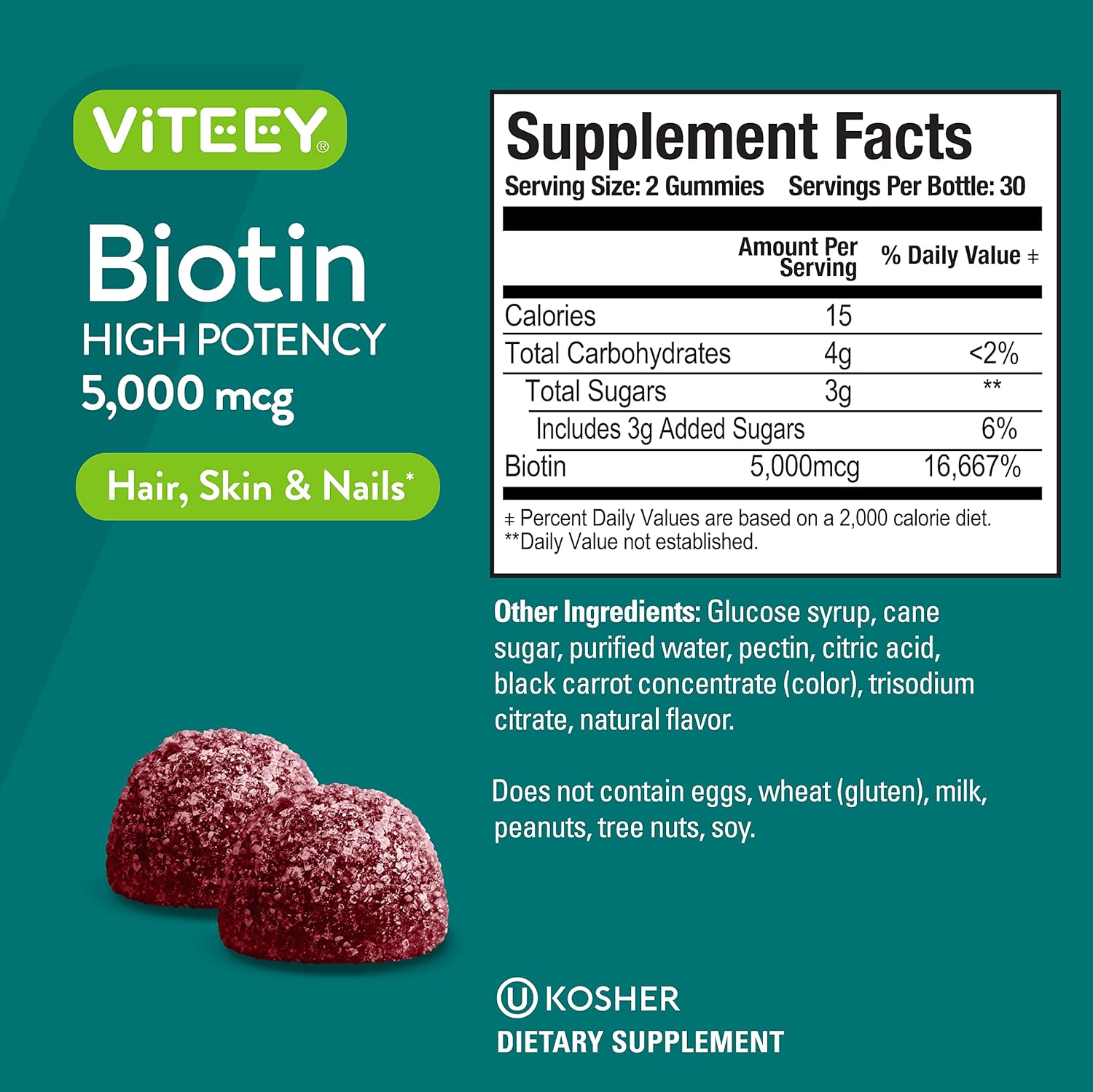 5,000mcg Biotin Gummies for Hair, Skin, Nails - Hair Growth, Healthy Skin & Nails - Vegan, Gluten-Free, GMO-Free - Raspberry Flavor