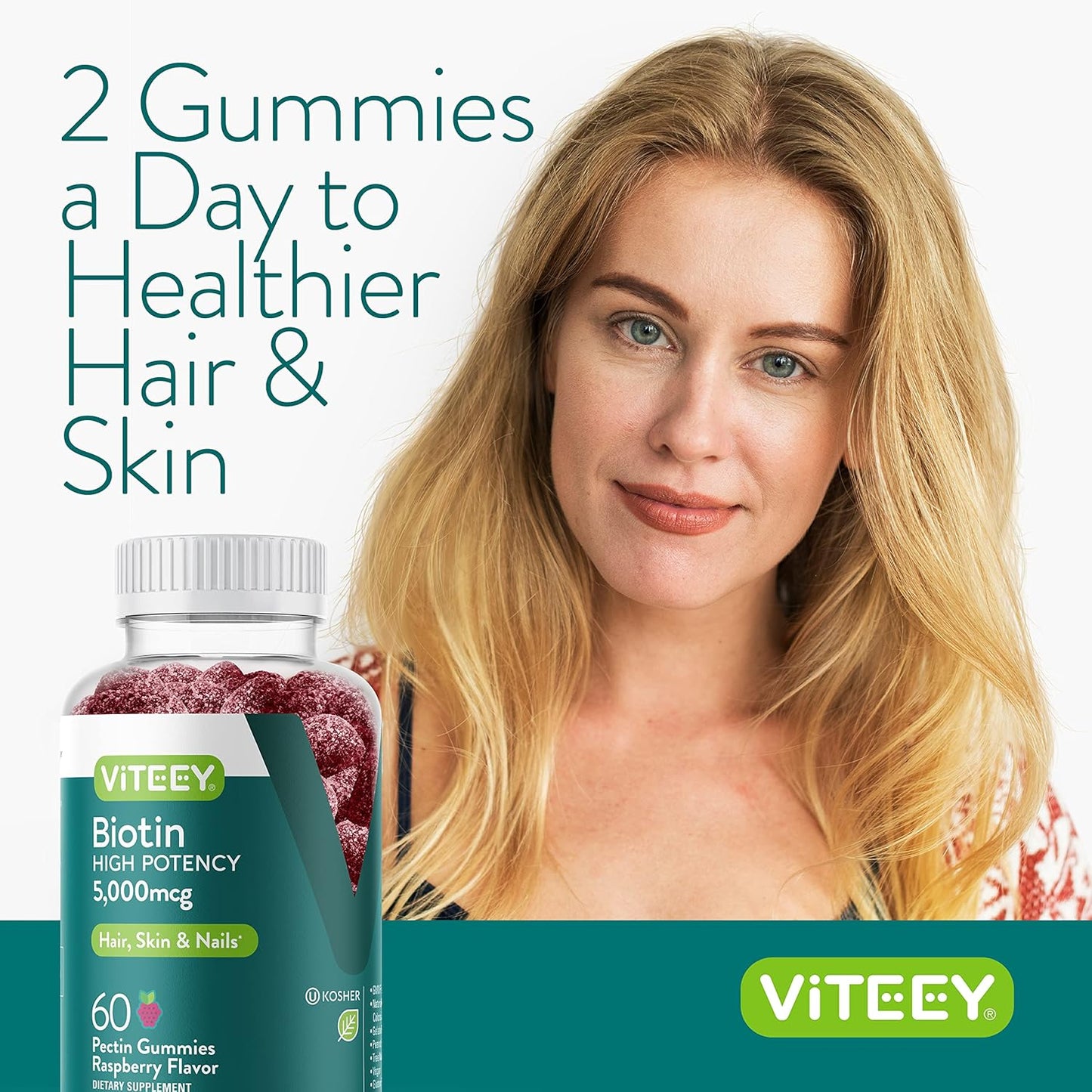 5,000mcg Biotin Gummies for Hair, Skin, Nails - Hair Growth, Healthy Skin & Nails - Vegan, Gluten-Free, GMO-Free - Raspberry Flavor