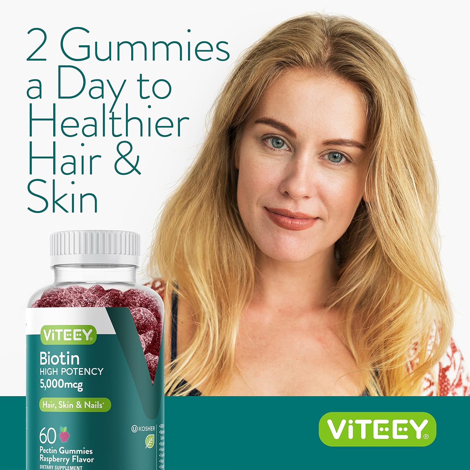 5,000mcg Biotin Gummies for Hair, Skin, Nails - Hair Growth, Healthy Skin & Nails - Vegan, Gluten-Free, GMO-Free - Raspberry Flavor