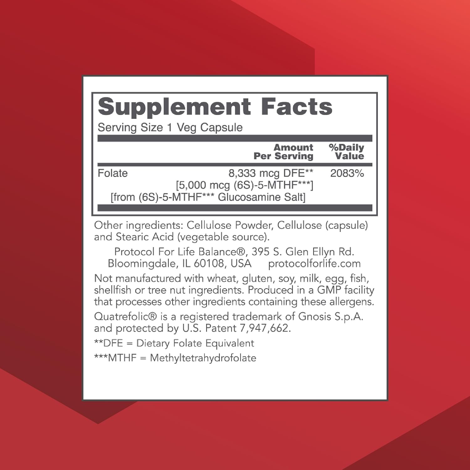 5,000mcg Protocol 5-Methylfolate for Brain Support - High Bioavailability Folate Supplement - Vegan & Kosher - 50 Capsules