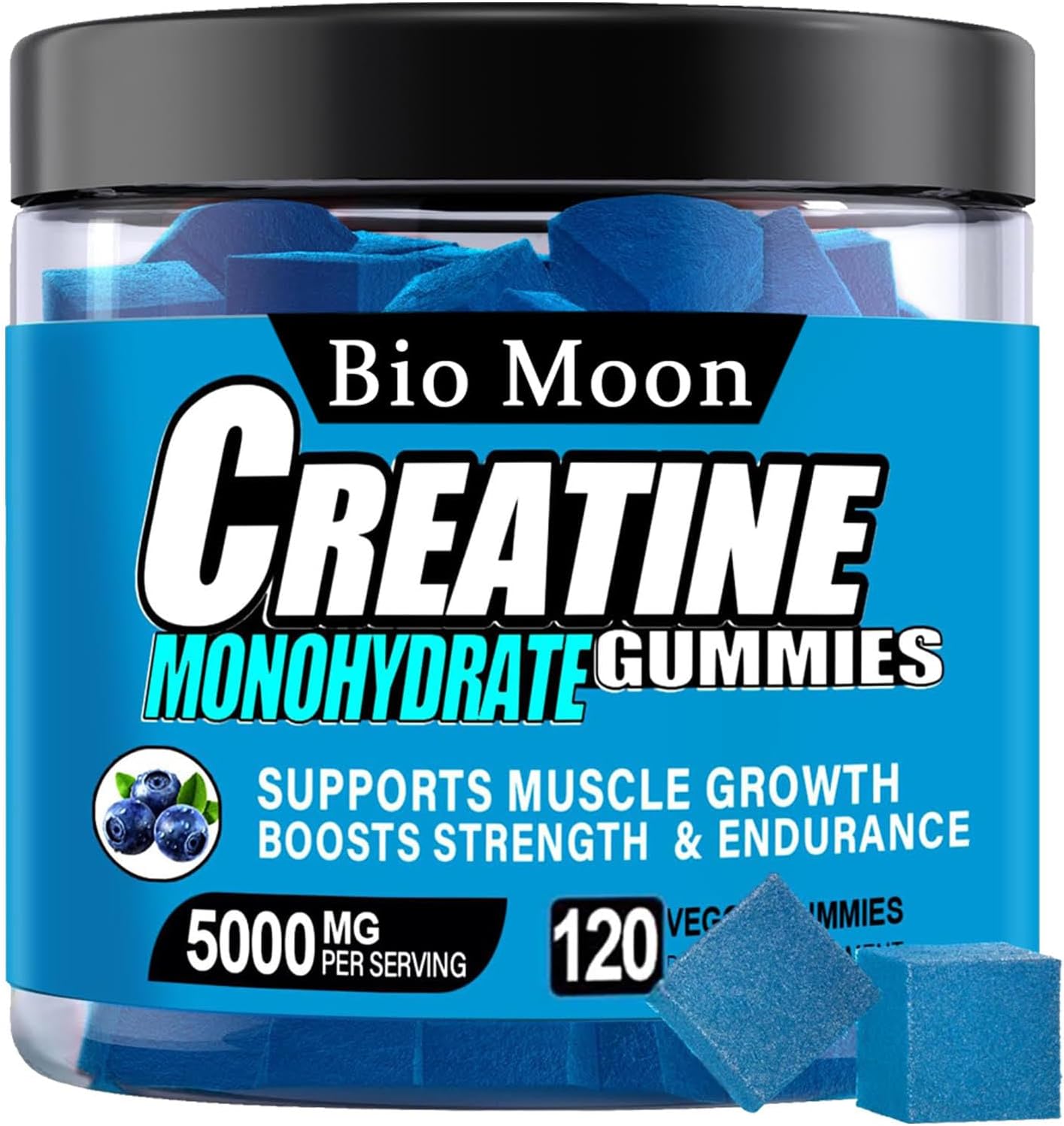 5000mg Bio Moon Creatine Monohydrate Gummies - Muscle Strength & Energy Boost Chewables for Men & Women - Pre-Workout Supplement (120 Count) Blueberry Flavor