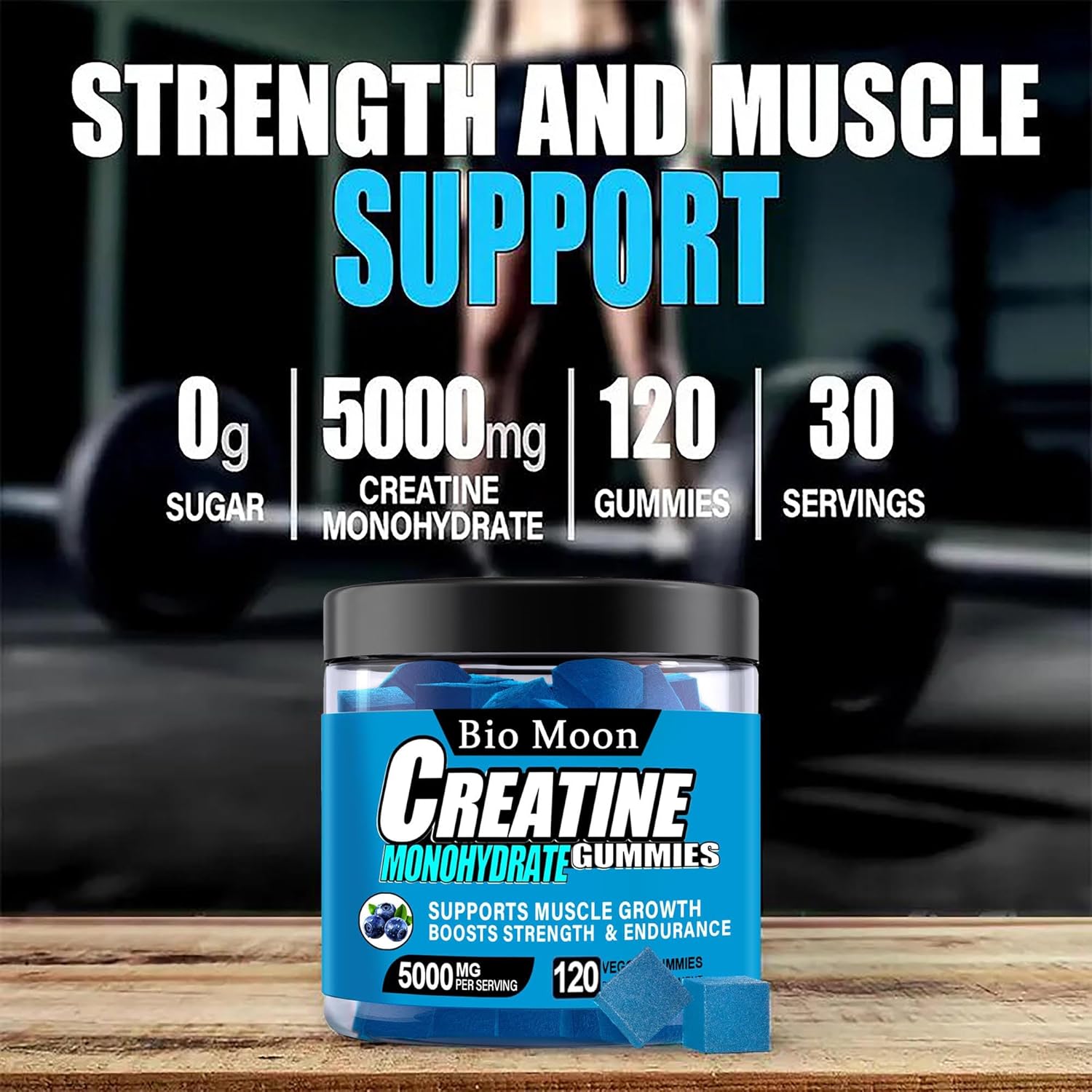 5000mg Bio Moon Creatine Monohydrate Gummies - Muscle Strength & Energy Boost Chewables for Men & Women - Pre-Workout Supplement (120 Count) Blueberry Flavor