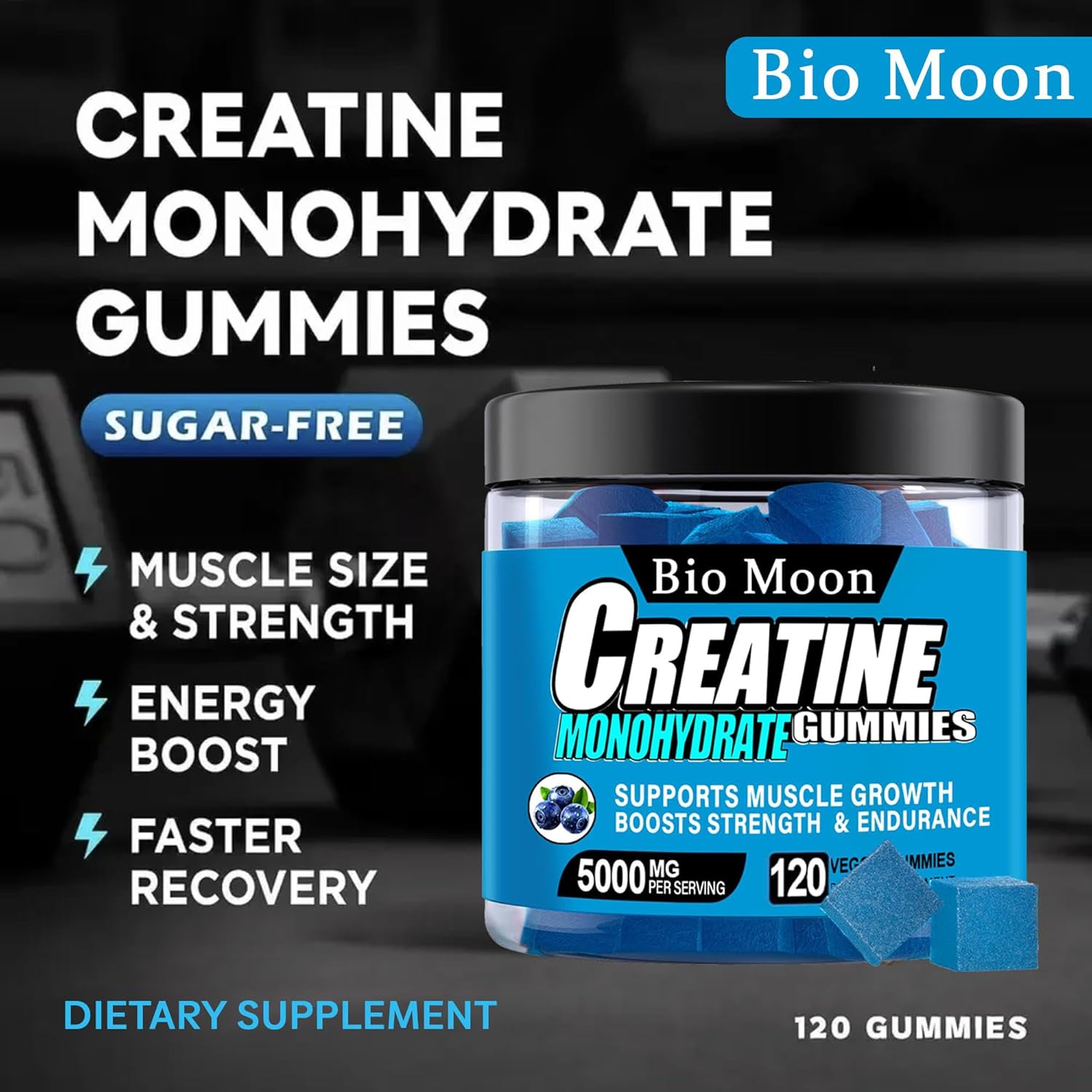 5000mg Bio Moon Creatine Monohydrate Gummies - Muscle Strength & Energy Boost Chewables for Men & Women - Pre-Workout Supplement (120 Count) Blueberry Flavor