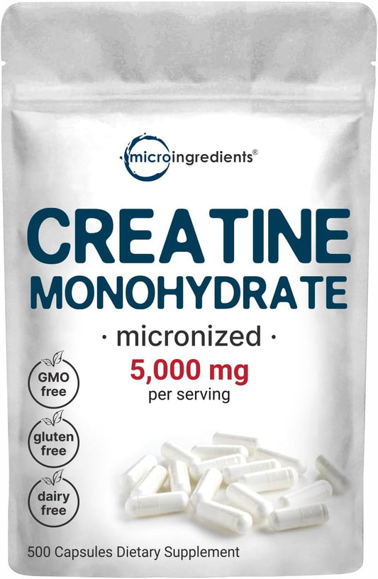 5,000mg Creatine Monohydrate Capsules - Pure Micronized Creatine Pills for Pre Workout & Muscle Health - 500 Count - Easy Absorption - Keto Friendly & Non-GMO