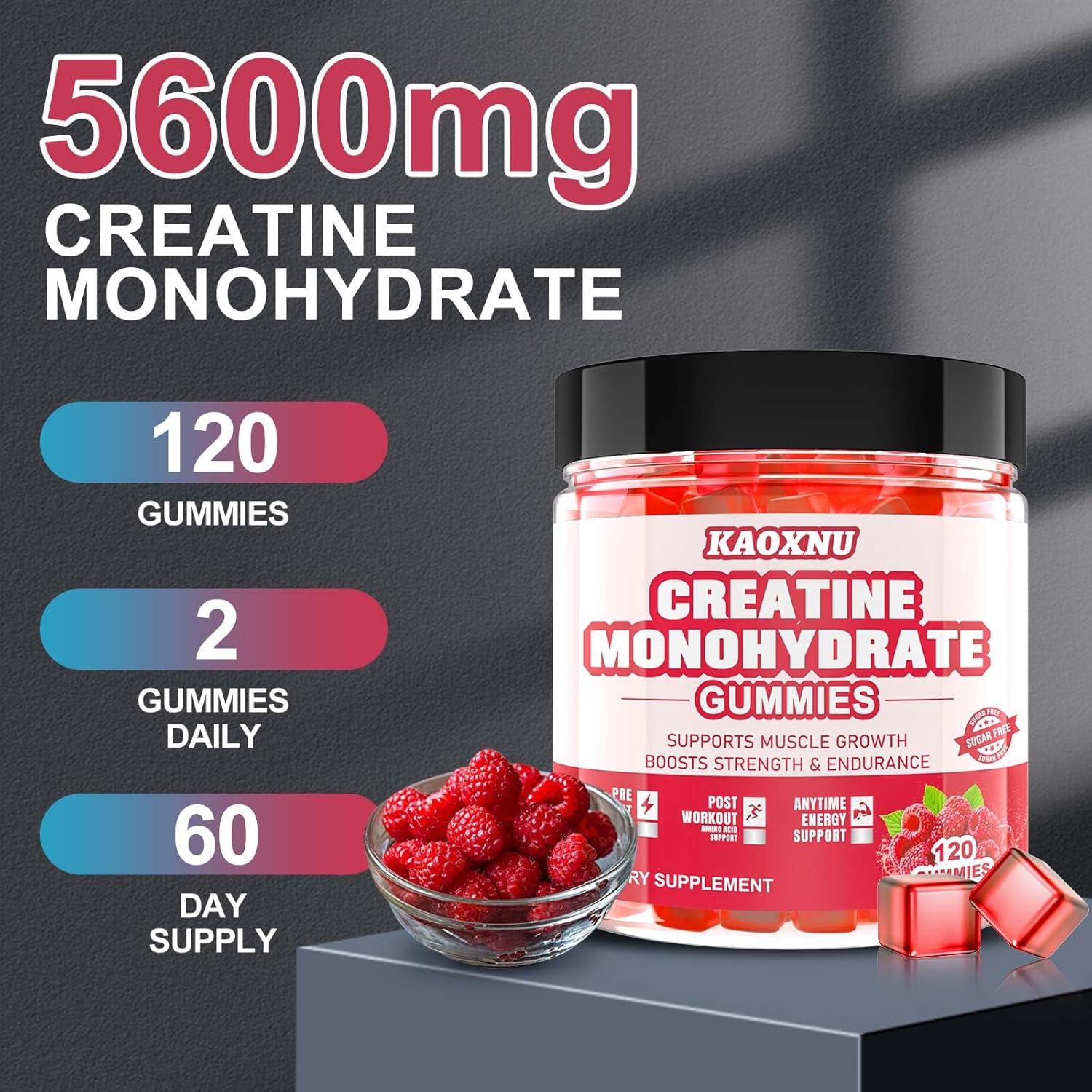 5000mg Creatine Monohydrate Gummies - Sugar Free Chewables for Muscle Strength & Energy - 120 CT Raspberry Flavor - Men & Women