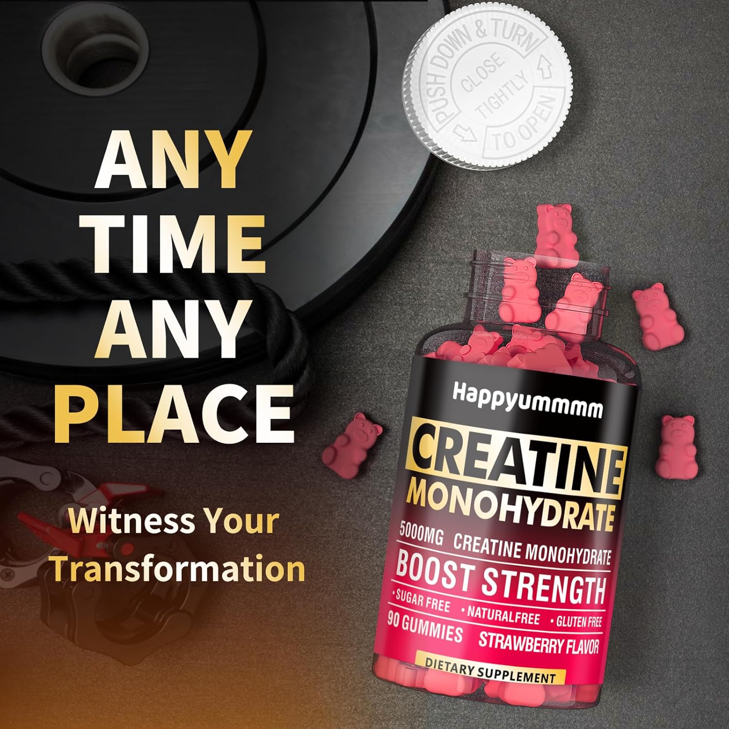 5000mg Creatine Monohydrate Gummies for Men & Women - Muscle Strength, Energy Boost, Pre-Workout Supplement - 90 Chewables - Strawberry Flavor.