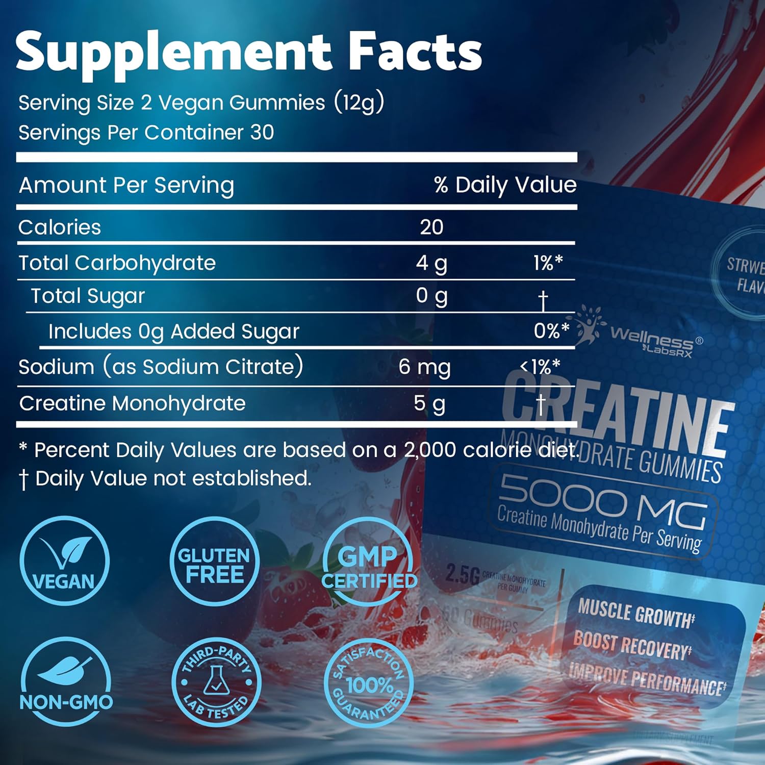 5000mg Creatine Monohydrate Gummies for Muscle Growth & Recovery - Vegan Strawberry Flavor, Non-GMO & Gluten Free - 30 Servings