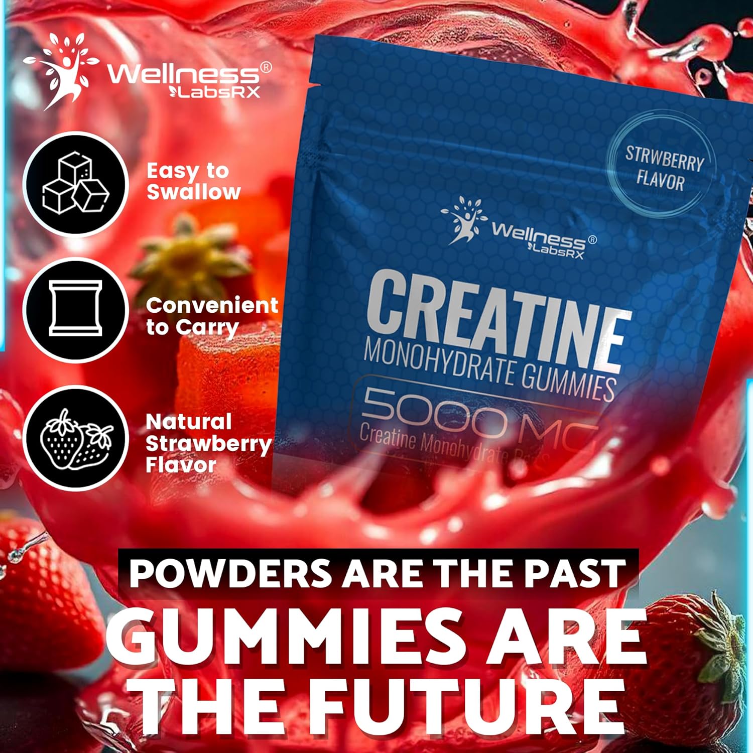 5000mg Creatine Monohydrate Gummies for Muscle Growth & Recovery - Vegan Strawberry Flavor, Non-GMO & Gluten Free - 30 Servings