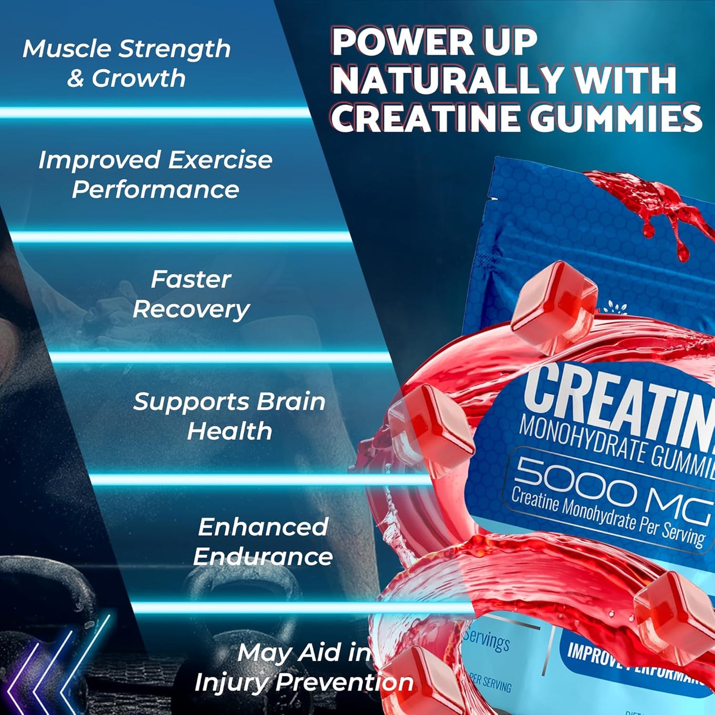 5000mg Creatine Monohydrate Gummies for Muscle Growth & Recovery - Vegan Strawberry Flavor, Non-GMO & Gluten Free - 30 Servings