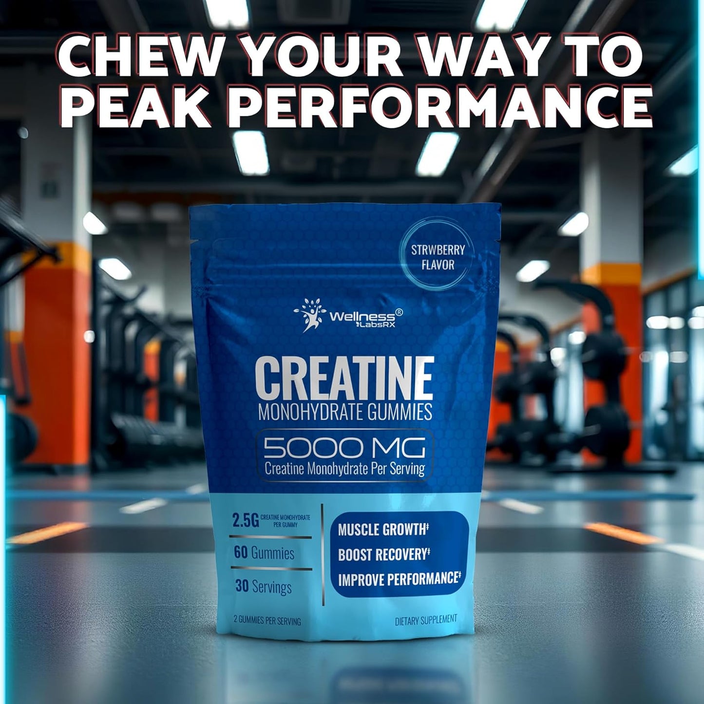 5000mg Creatine Monohydrate Gummies for Muscle Growth & Recovery - Vegan Strawberry Flavor, Non-GMO & Gluten Free - 30 Servings