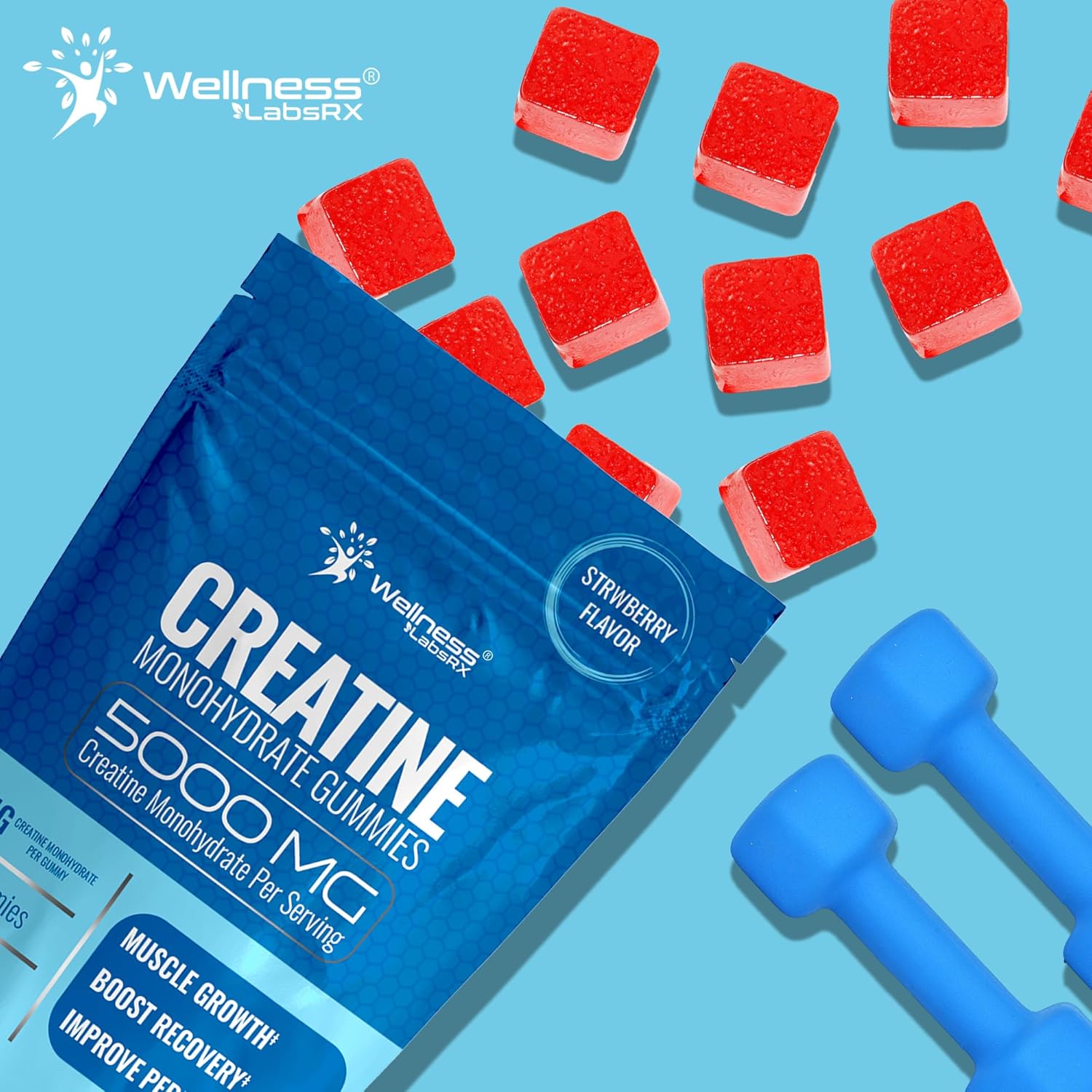 5000mg Creatine Monohydrate Gummies for Muscle Growth & Recovery - Vegan Strawberry Flavor, Non-GMO & Gluten Free - 30 Servings