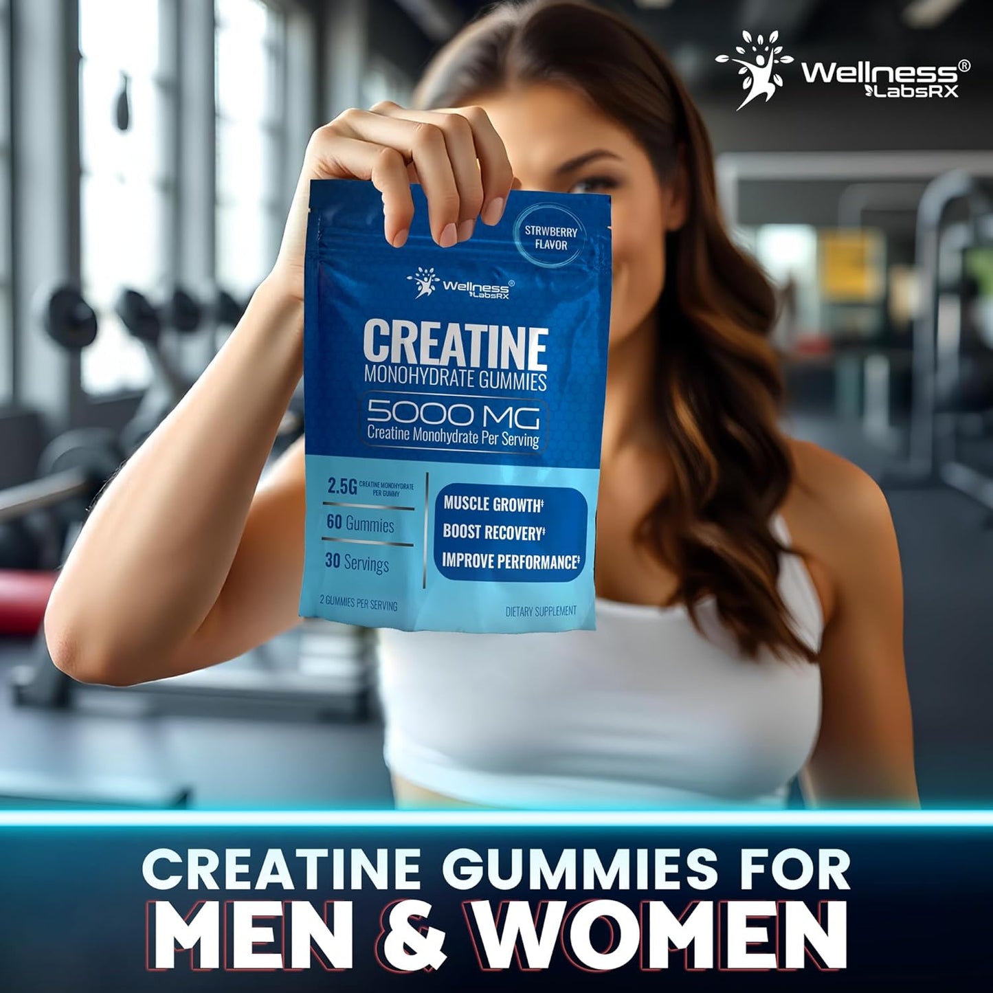 5000mg Creatine Monohydrate Gummies for Muscle Growth & Recovery - Vegan Strawberry Flavor, Non-GMO & Gluten Free - 30 Servings