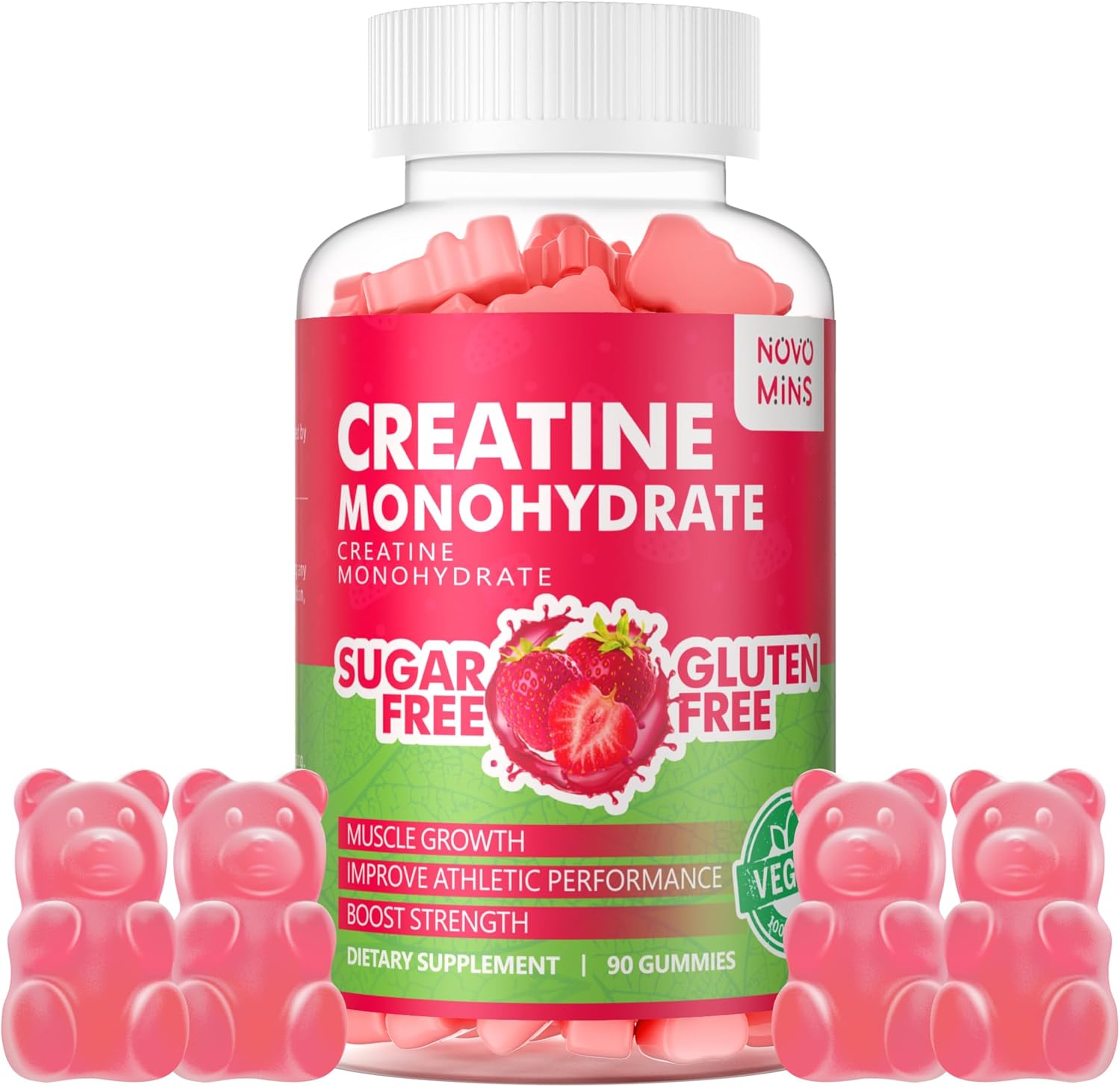 5000mg Creatine Monohydrate Gummies for Muscle Strength & Energy Boost - 90 Count Strawberry Chewables for Men & Women