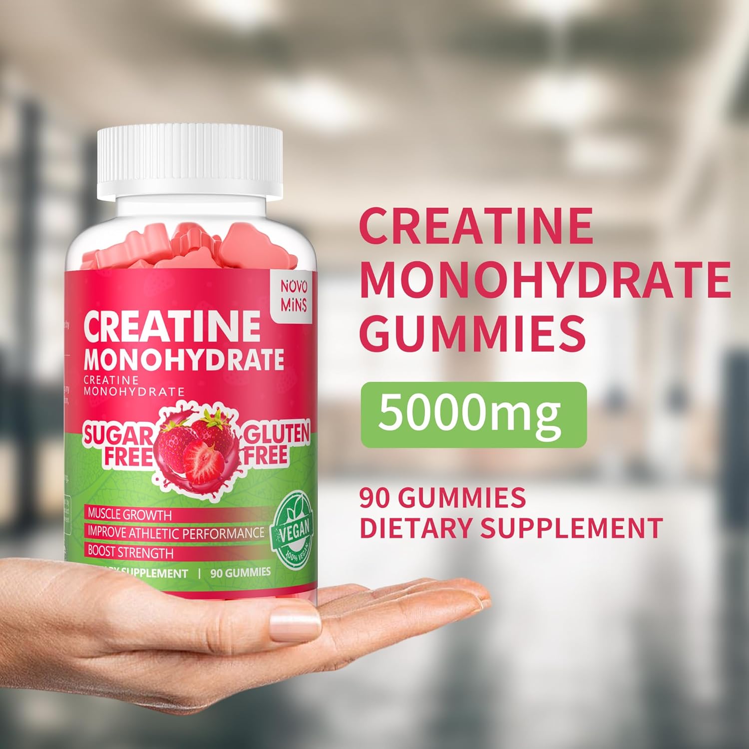5000mg Creatine Monohydrate Gummies for Muscle Strength & Energy Boost - 90 Count Strawberry Chewables for Men & Women