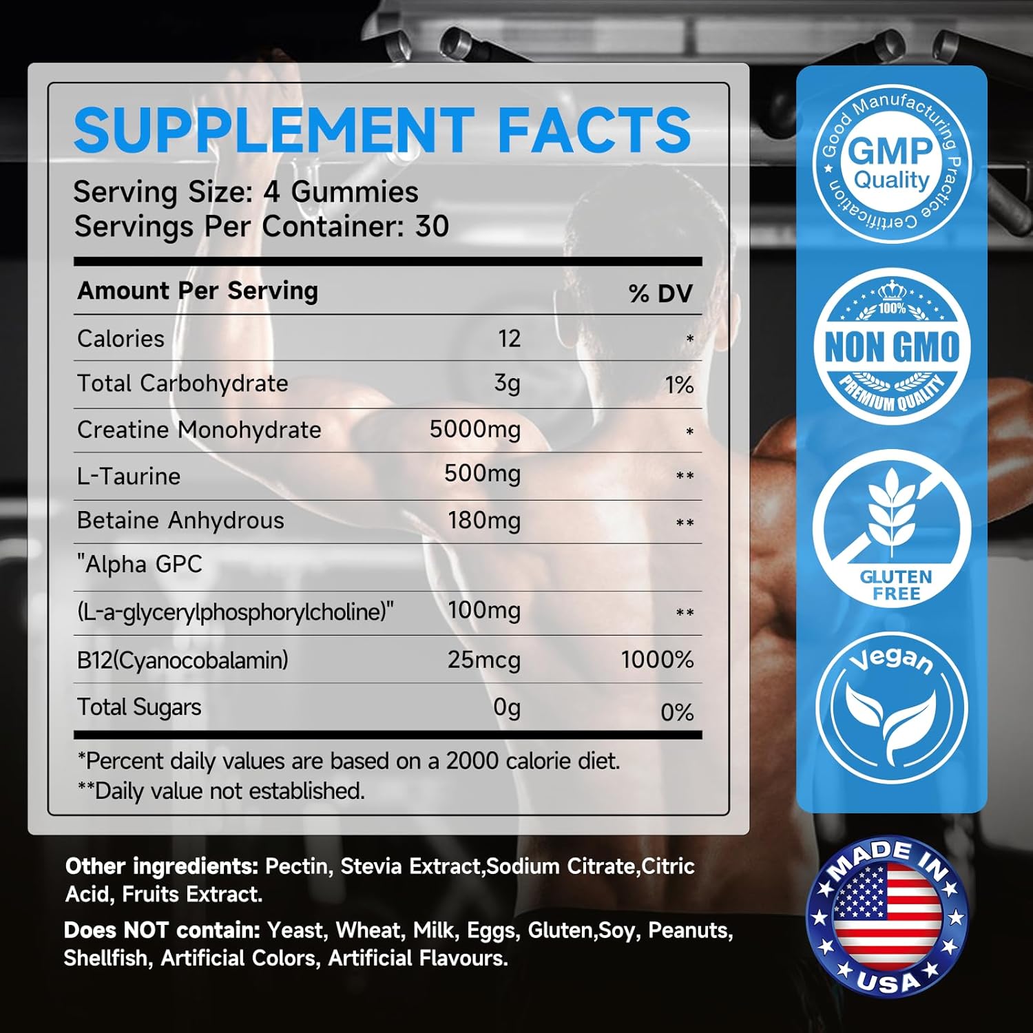 5000mg Creatine Monohydrate Gummies with L-Taurine & B12 - Sugar-Free Vegan Supplement for Focus, Strength & Endurance - Mixed Berry Flavor, 120 ct