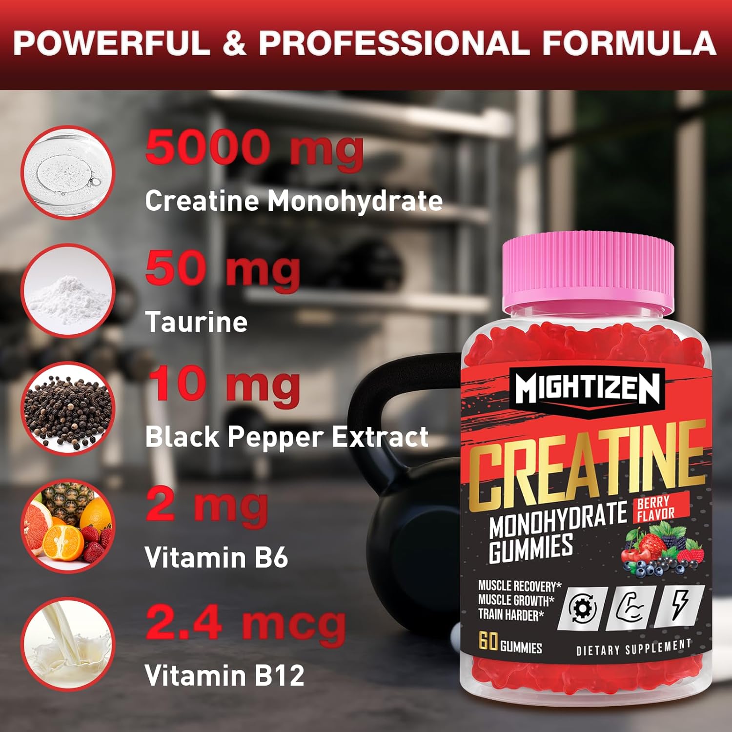 5000mg Creatine Monohydrate Gummies with Taurine & Vitamin B12 for Strength & Endurance, 180 Count