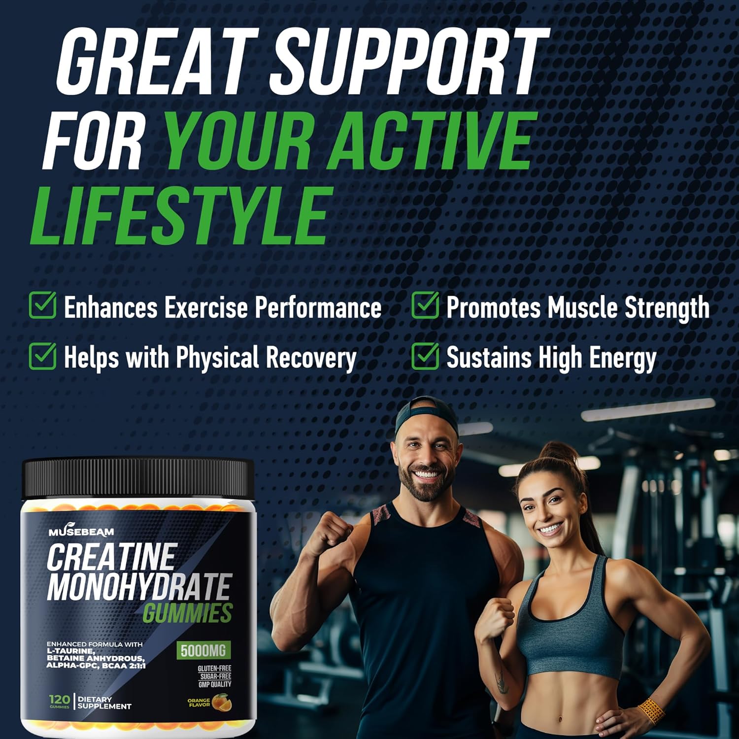 5000mg Creatine Monohydrate Gummy Supplement with L-Taurine, Betaine Anhydrous, Alpha-GPC, and BCAA 2:1:1 - Sugar-Free and Gluten-Free for Men and Women by musebeam