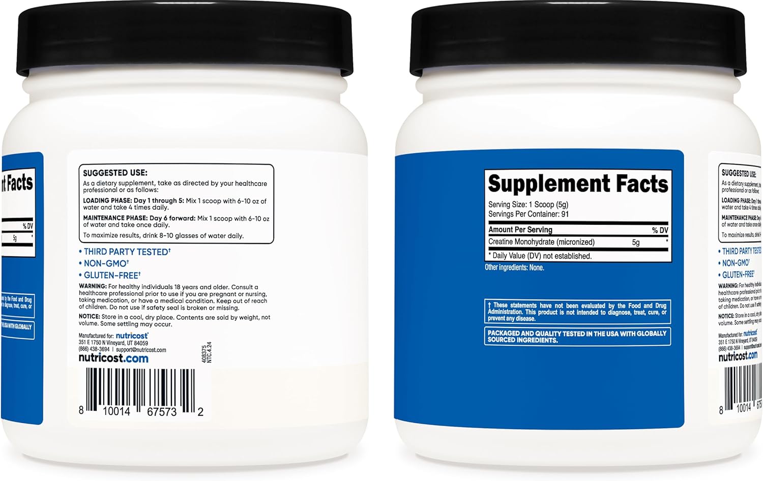 5000mg Micronized Creatine Monohydrate Powder - 1 LB (454 Grams) - Nutricost
