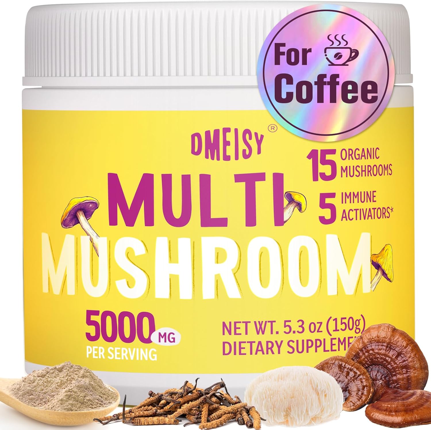 5000mg Mushroom Powder for Coffee & More - 20-in-1 Complex with Lions Mane, Reishi, Cordyceps, Turkey Tail & Herbs - Memory, Focus, Energy, Immunity - 5.3oz