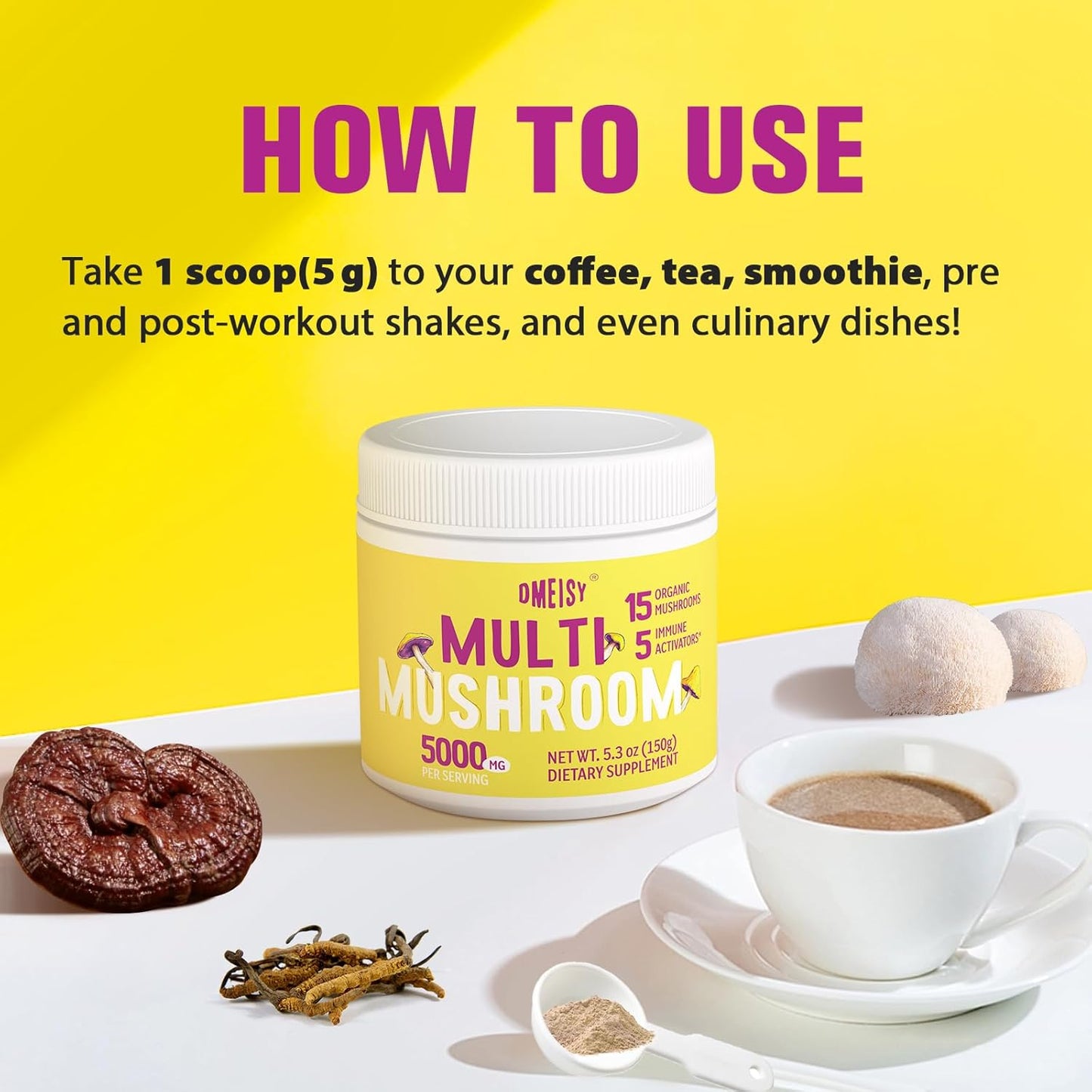 5000mg Mushroom Powder for Coffee & More - 20-in-1 Complex with Lions Mane, Reishi, Cordyceps, Turkey Tail & Herbs - Memory, Focus, Energy, Immunity - 5.3oz