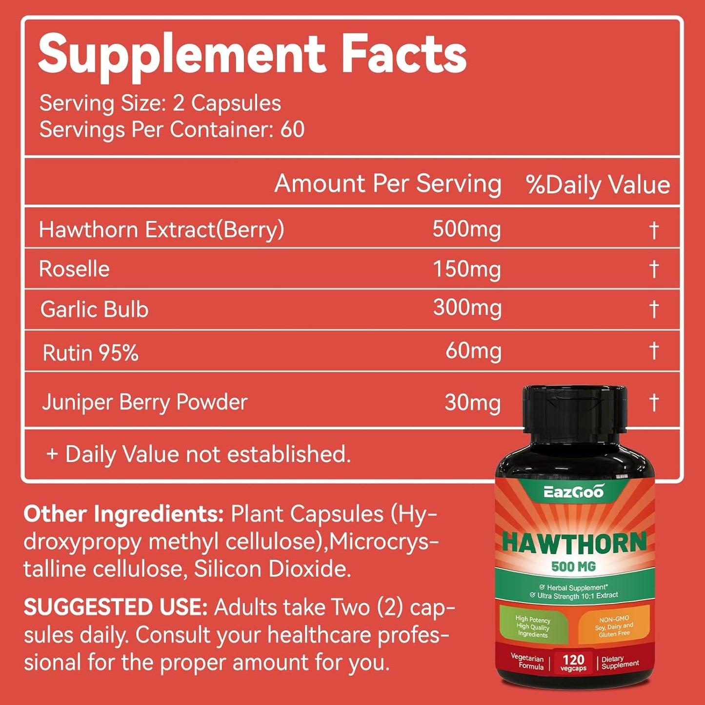 5000mg Strength Hawthorn Berry Extract Capsules for Digestion Support - 120 Vegan Capsules by EAZGOO