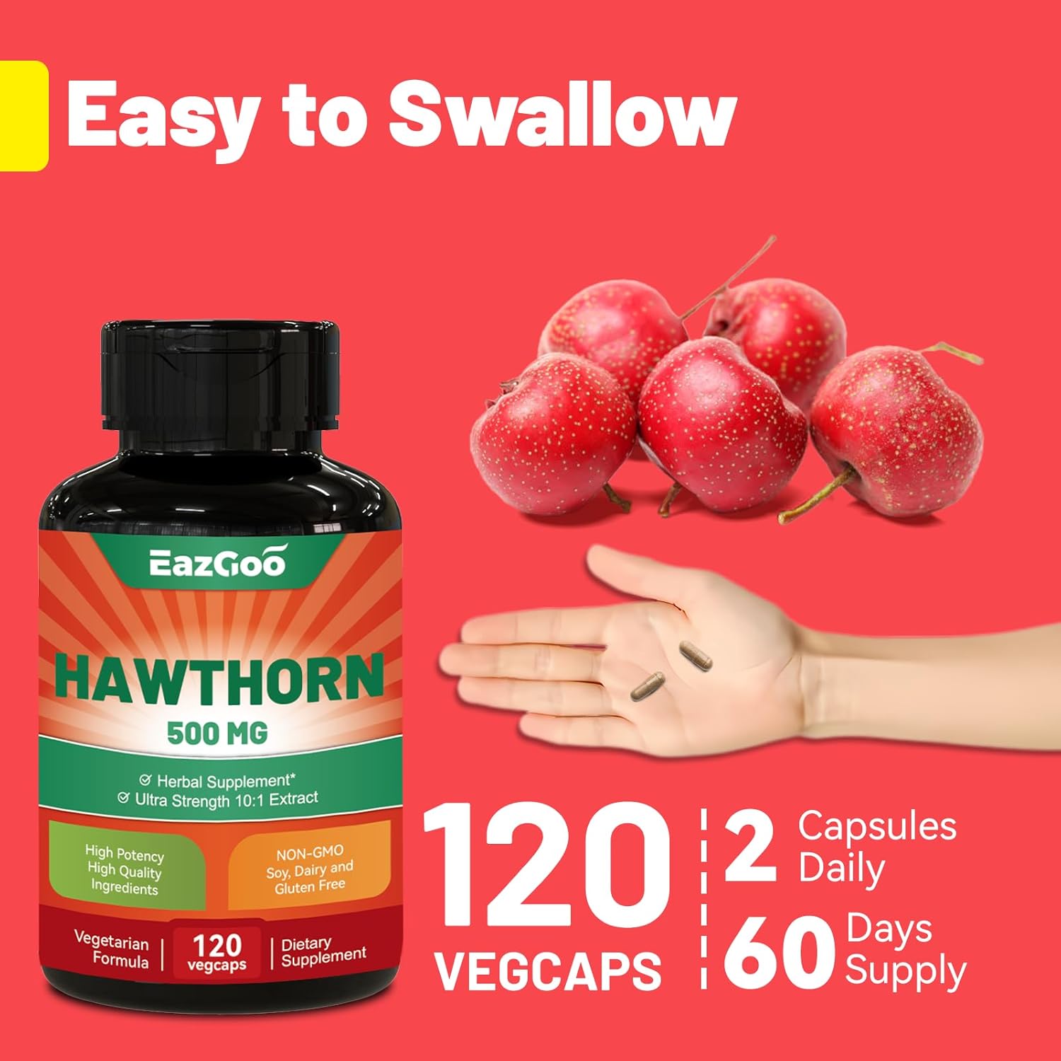 5000mg Strength Hawthorn Berry Extract Capsules for Digestion Support - 120 Vegan Capsules by EAZGOO