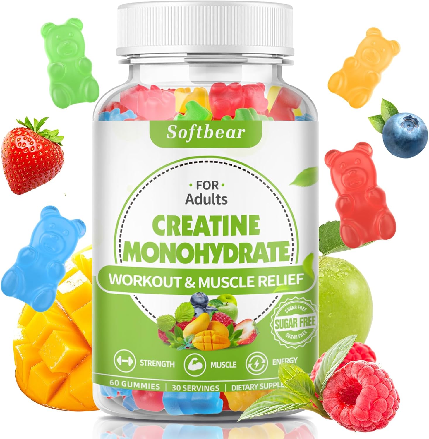 5000mg Vegan Creatine Monohydrate Gummies for Muscle Builder Strength - Mixed Flavor Pre Workout Supplement for Men Women - 60 Count