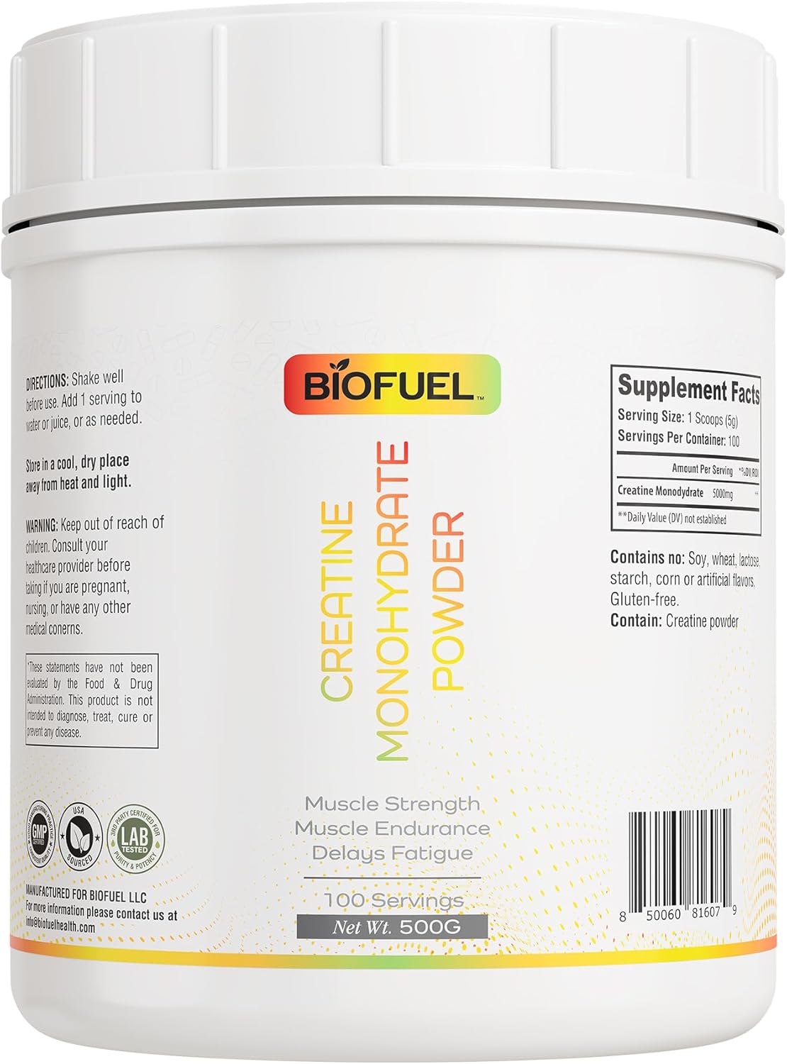 500g Biofuel Creatine Monohydrate Powder for Muscle Building, Strength, and Performance - 100 Servings