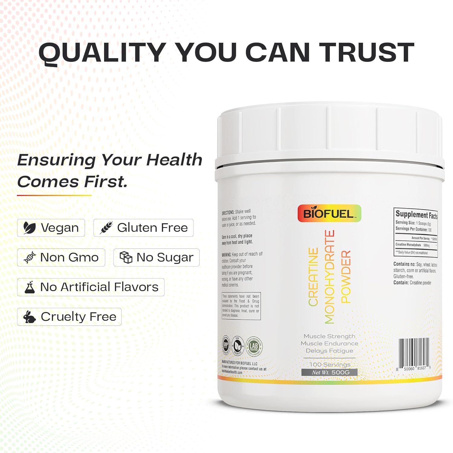500g Biofuel Creatine Monohydrate Powder for Muscle Building, Strength, and Performance - 100 Servings