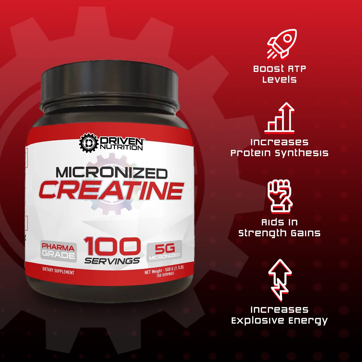 500g Driven Nutrition Creatine Powder - Unflavored Micronized Formula for Physical Performance & Cognition - 5g Per Serving to Boost Strength, Endurance, & Muscle Mass
