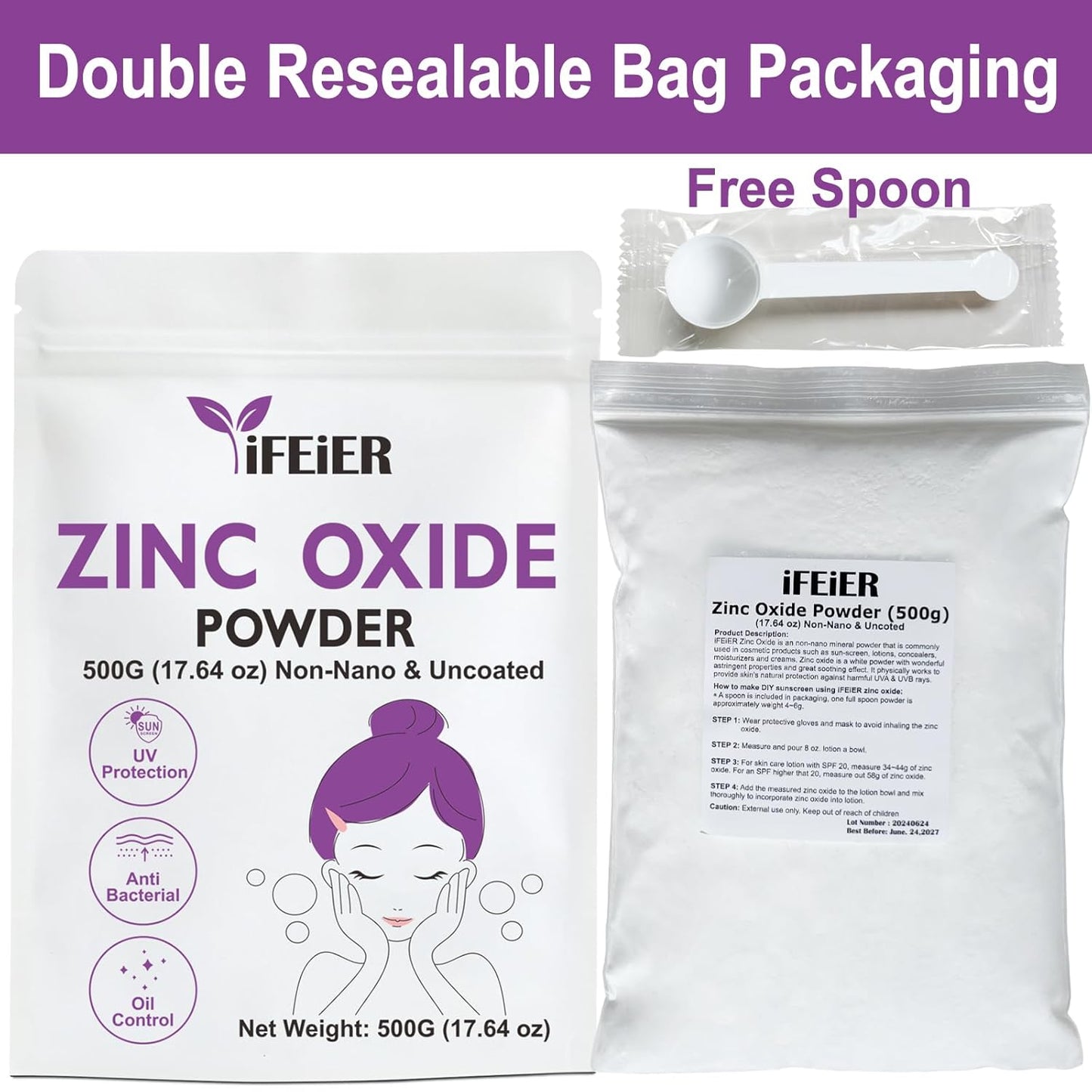 500g iFEiER Zinc Oxide Powder for Skin Protection | Non Nano Coated Cosmetics Grade | DIY Sunscreen Formula