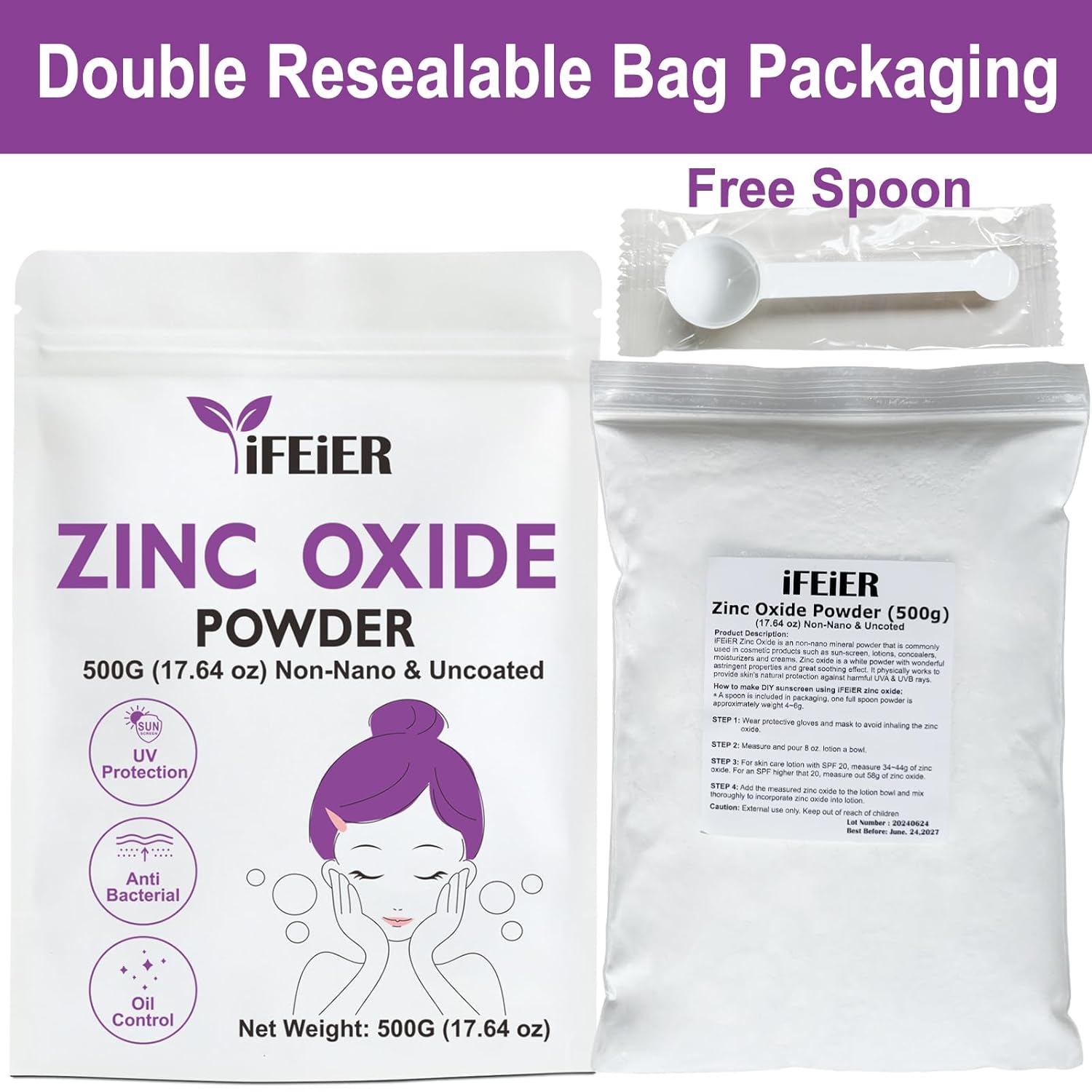 500g iFEiER Zinc Oxide Powder for Skin Protection | Non Nano Coated Cosmetics Grade | DIY Sunscreen Formula