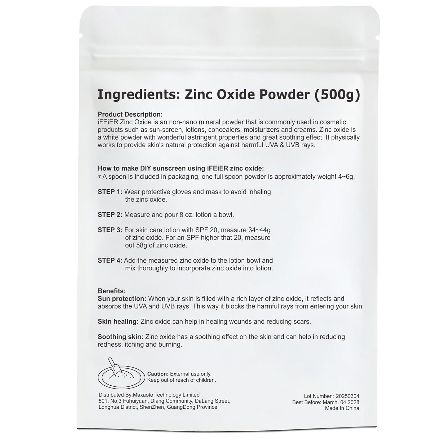 500g iFEiER Zinc Oxide Powder for Skin Protection | Non Nano Coated Cosmetics Grade | DIY Sunscreen Formula