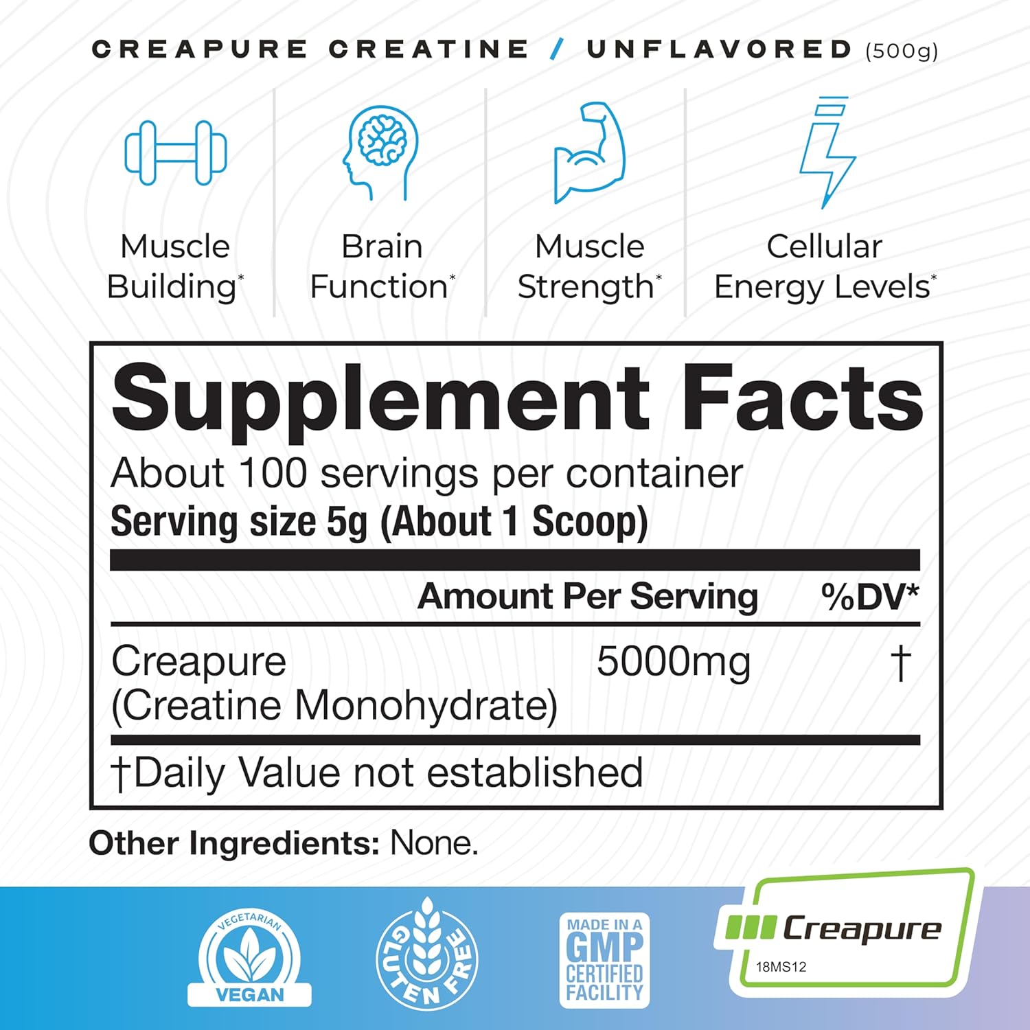 500g Muscle Feast Creapure Creatine Monohydrate Powder - Vegan Keto Friendly Gluten-Free Mass Gainer for Muscle Growth & Recovery