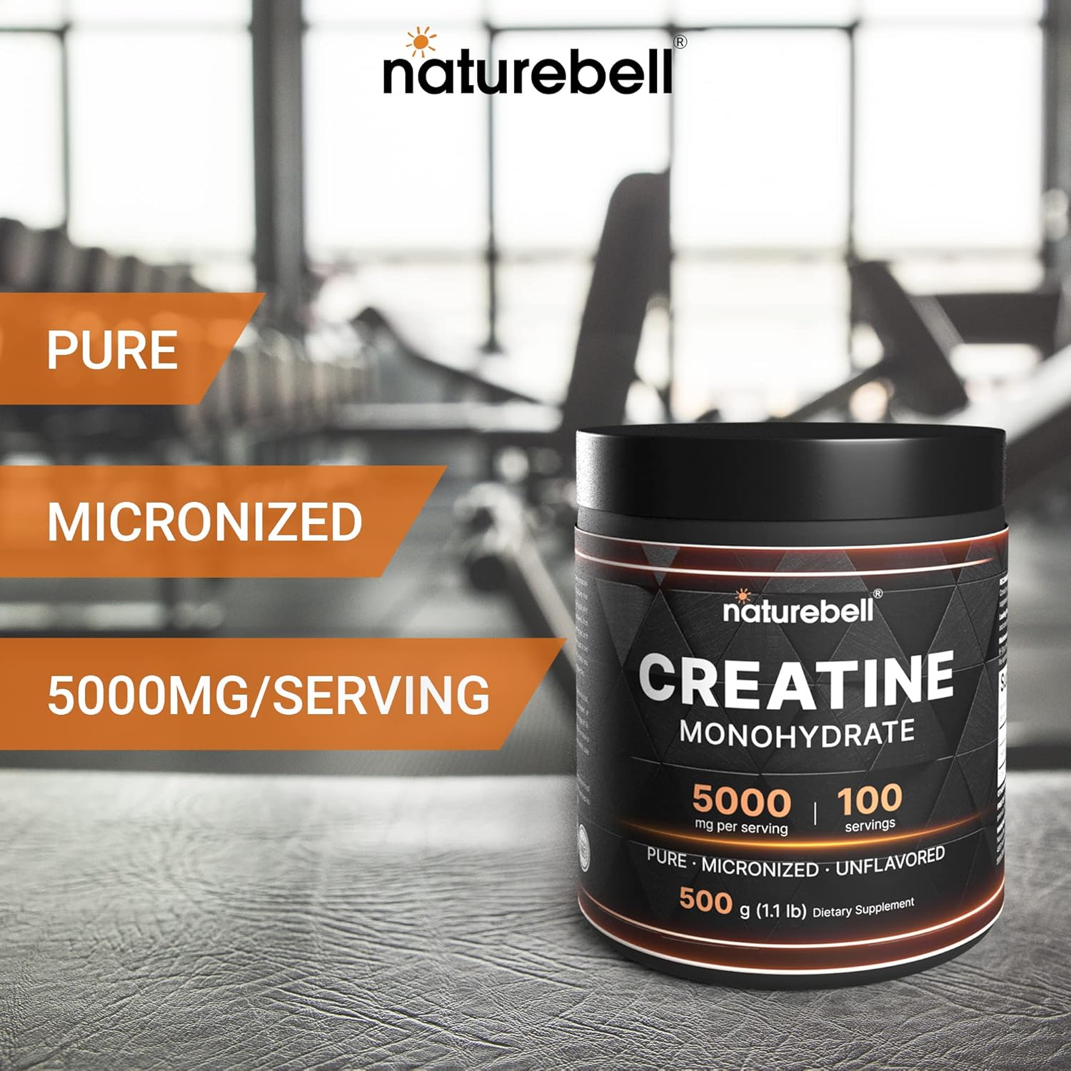500g NatureBell Instant Creatine Monohydrate Powder - Unflavored Micronized Creatine for Pre Workout, Keto, Vegan - 5000mg Per Serving - Dissolves Easily - Filler Free - 100 Servings