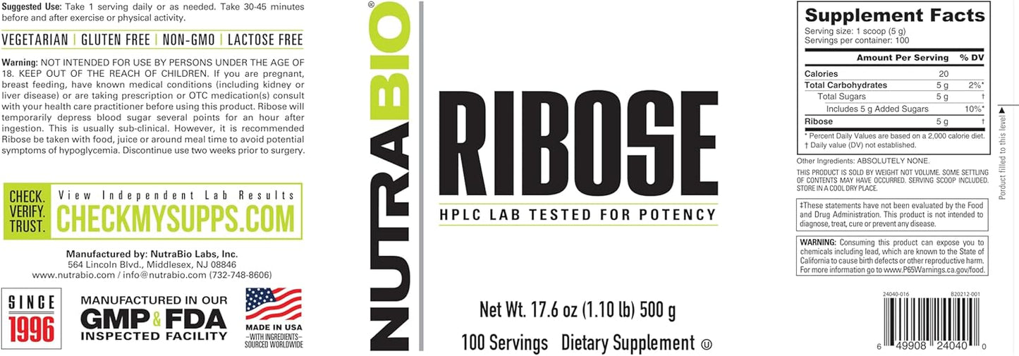 500g NutraBio D-Ribose Powder Supplement for Heart Health and Increased Energy