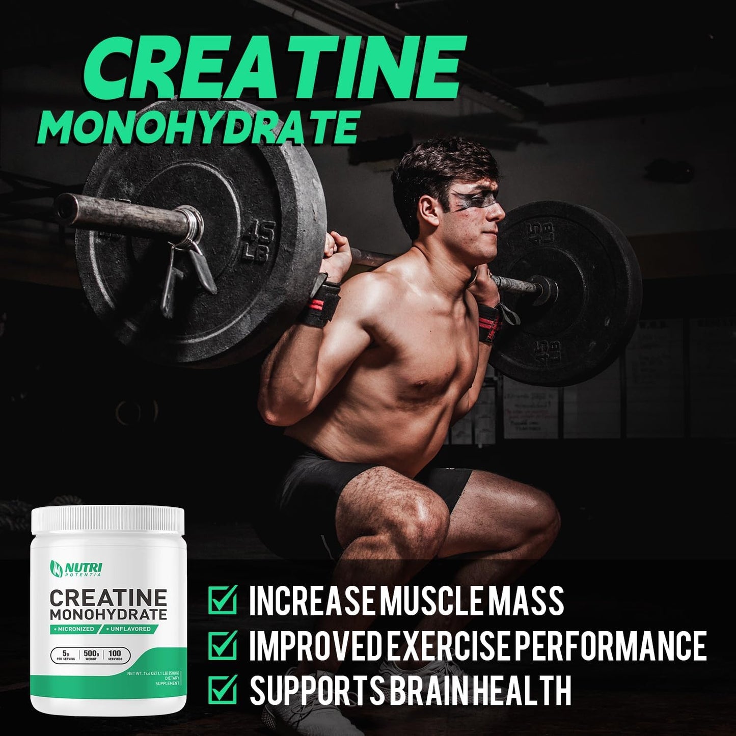 500g Nutri Potentia Pure Micronized Creatine Monohydrate Powder - Vegan Muscle Building Supplement for Men and Women, Unflavored - 100 Servings
