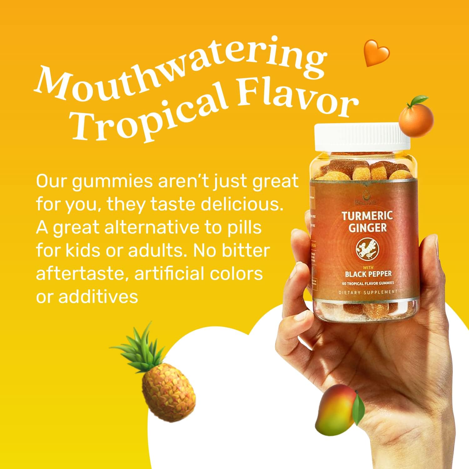 500mg BeLive Turmeric Curcumin Supplement with Black Pepper & Ginger for Immune Support, Healthy Skin, Joint Health - Tropical Flavor - 60 Count