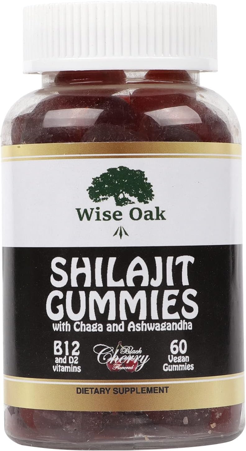 500mg Black Cherry Flavored Shilajit Gummies with Chaga, Ashwagandha, B12, D2 Vitamins - Vegan Ayurvedic Supplement with Humic Fulvic Acid & Trace Minerals from Himalaya