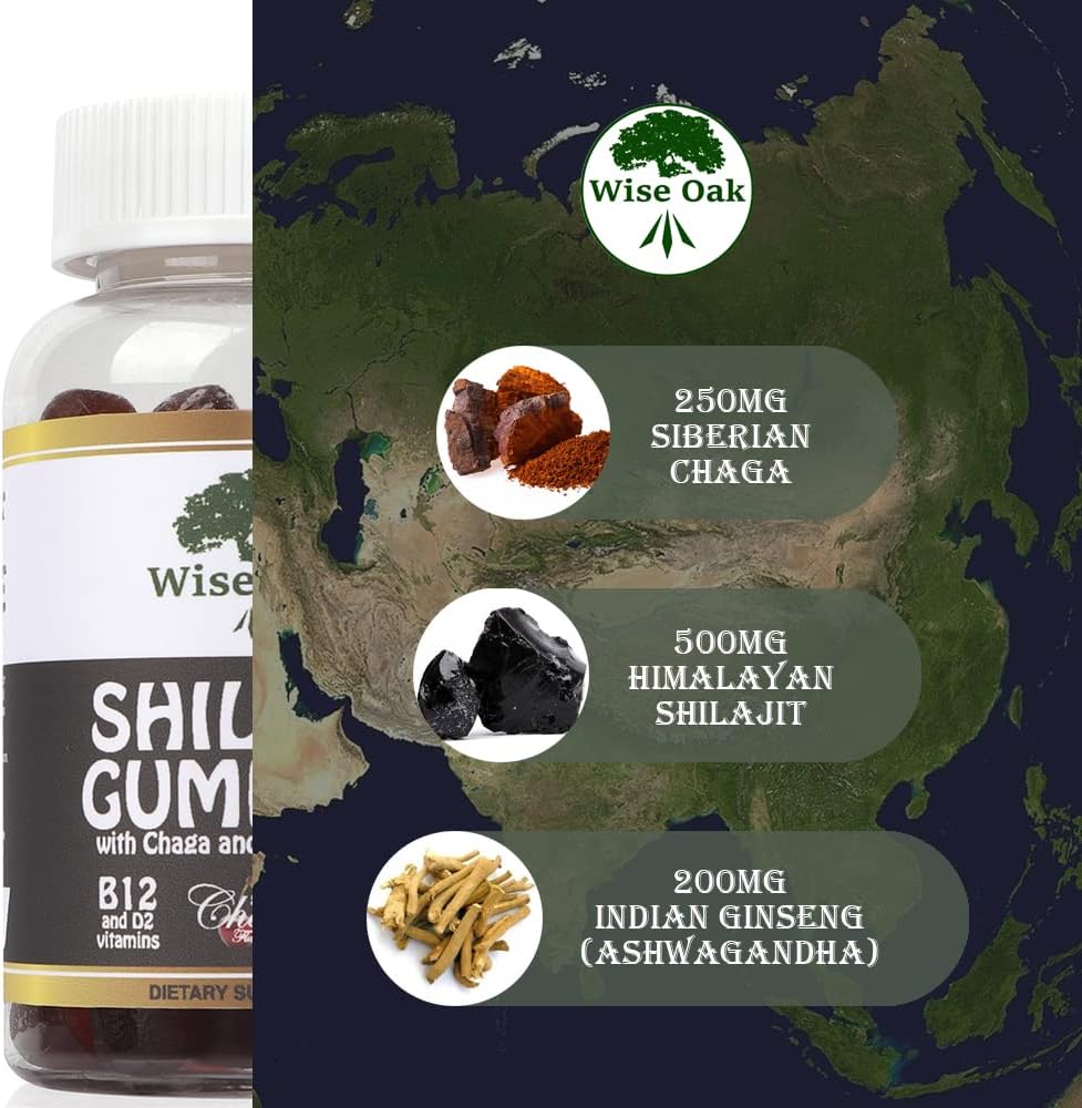 500mg Black Cherry Flavored Shilajit Gummies with Chaga, Ashwagandha, B12, D2 Vitamins - Vegan Ayurvedic Supplement with Humic Fulvic Acid & Trace Minerals from Himalaya